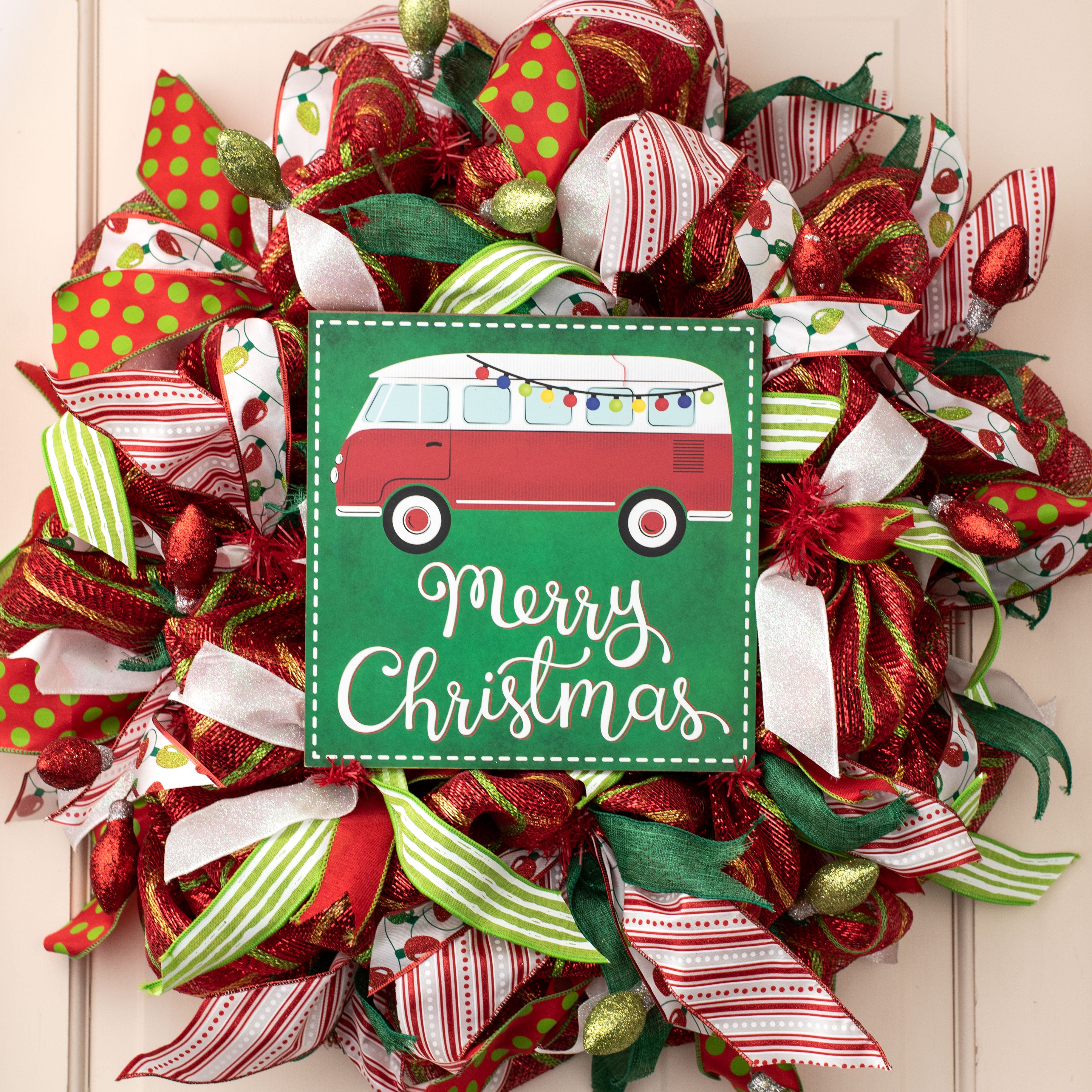 10" Square Wooden Sign: Merry Christmas Vintage Bus Lifestyle Photo