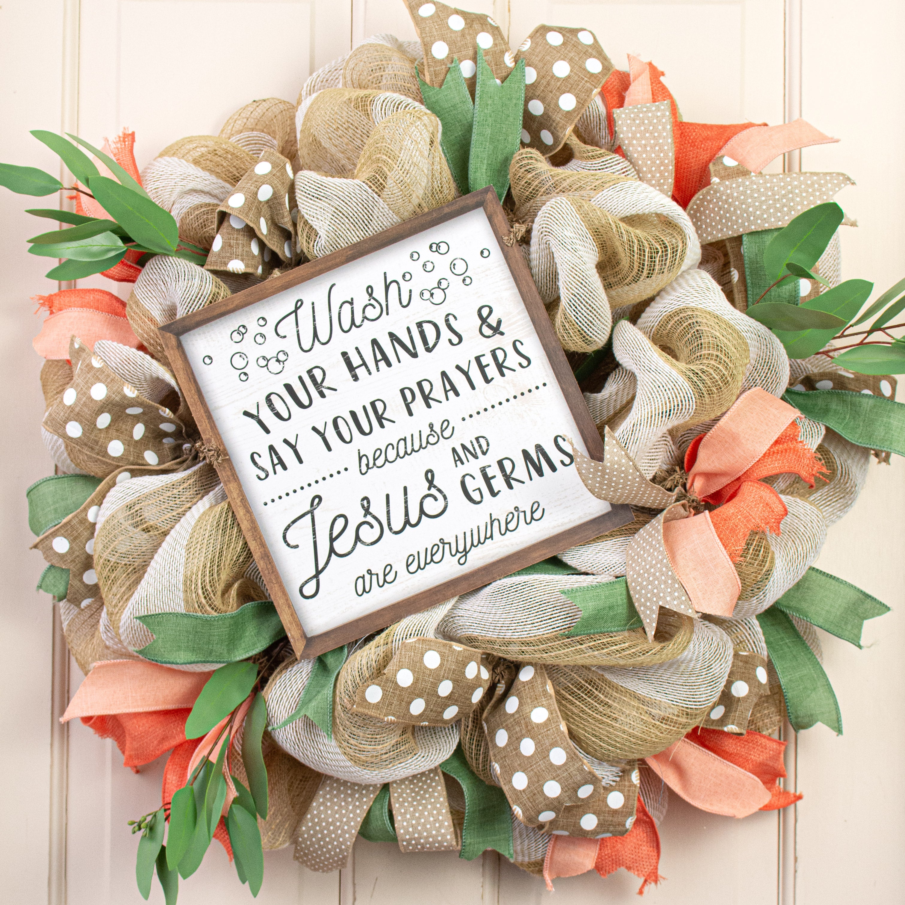 10" Square Wooden Sign: Wash Hands & Say Prayers Lifestyle Photo