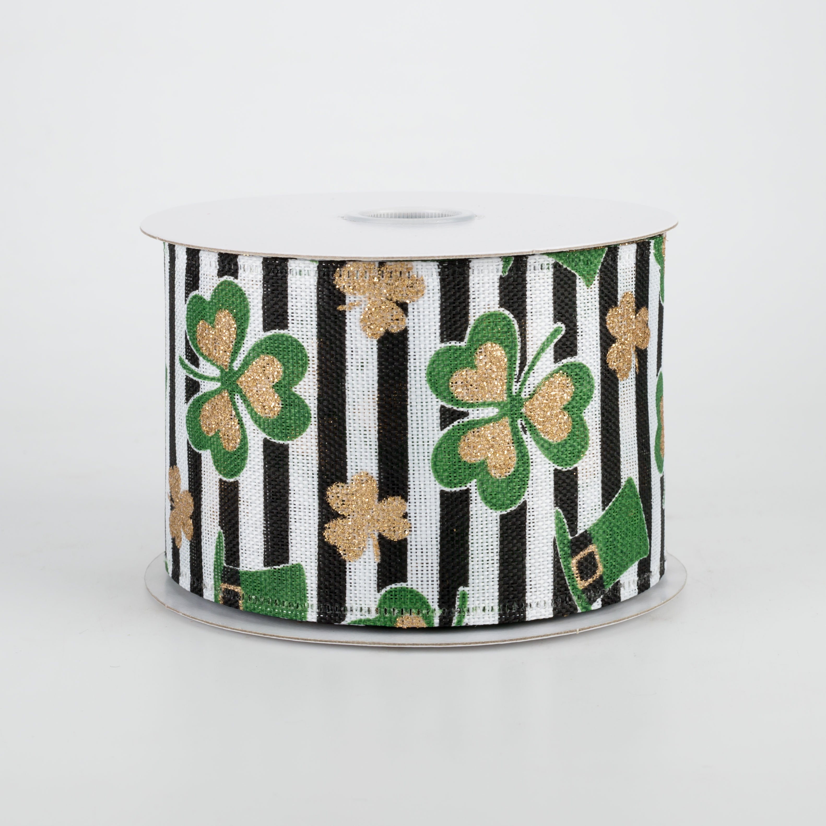 2.5" St. Patrick's Clovers & Hats Stripe Ribbon: White (10 Yards) Item Number: 25001-40-01