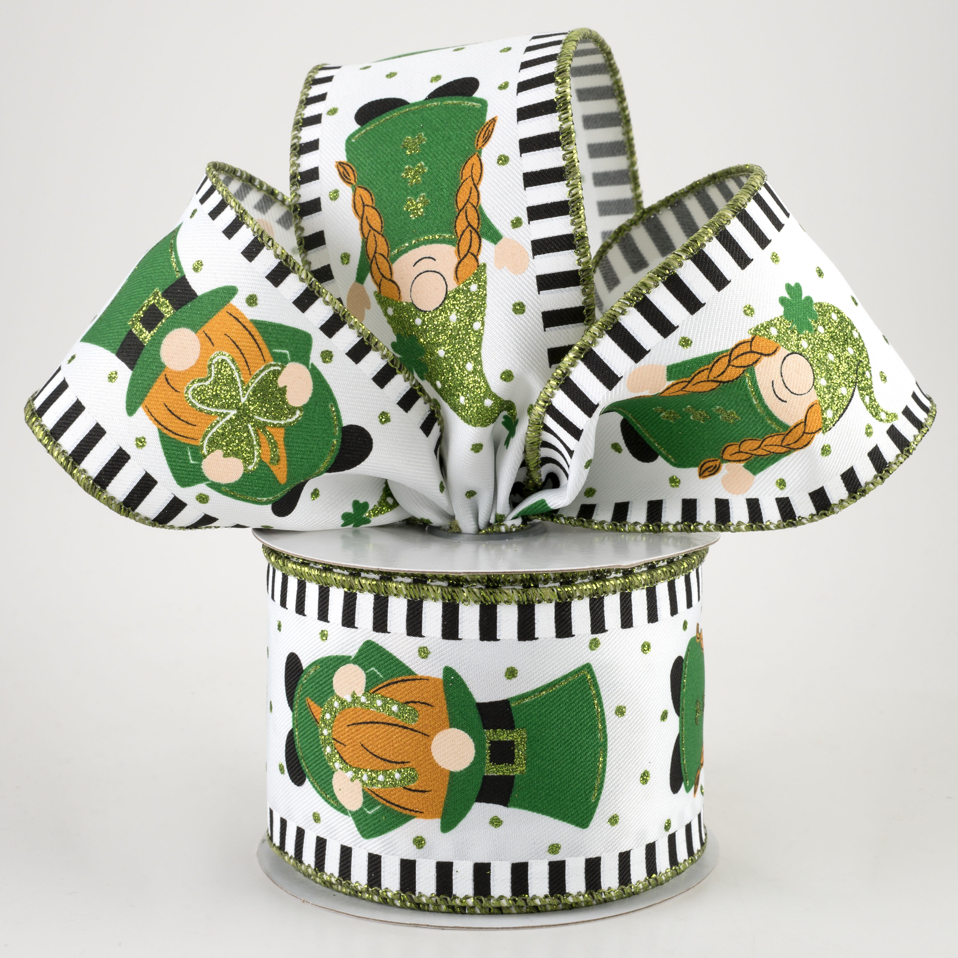 2.5" St. Patrick's Day Gnomes Thin Stripe Edge Ribbon (10 Yards) Lifestyle Photo