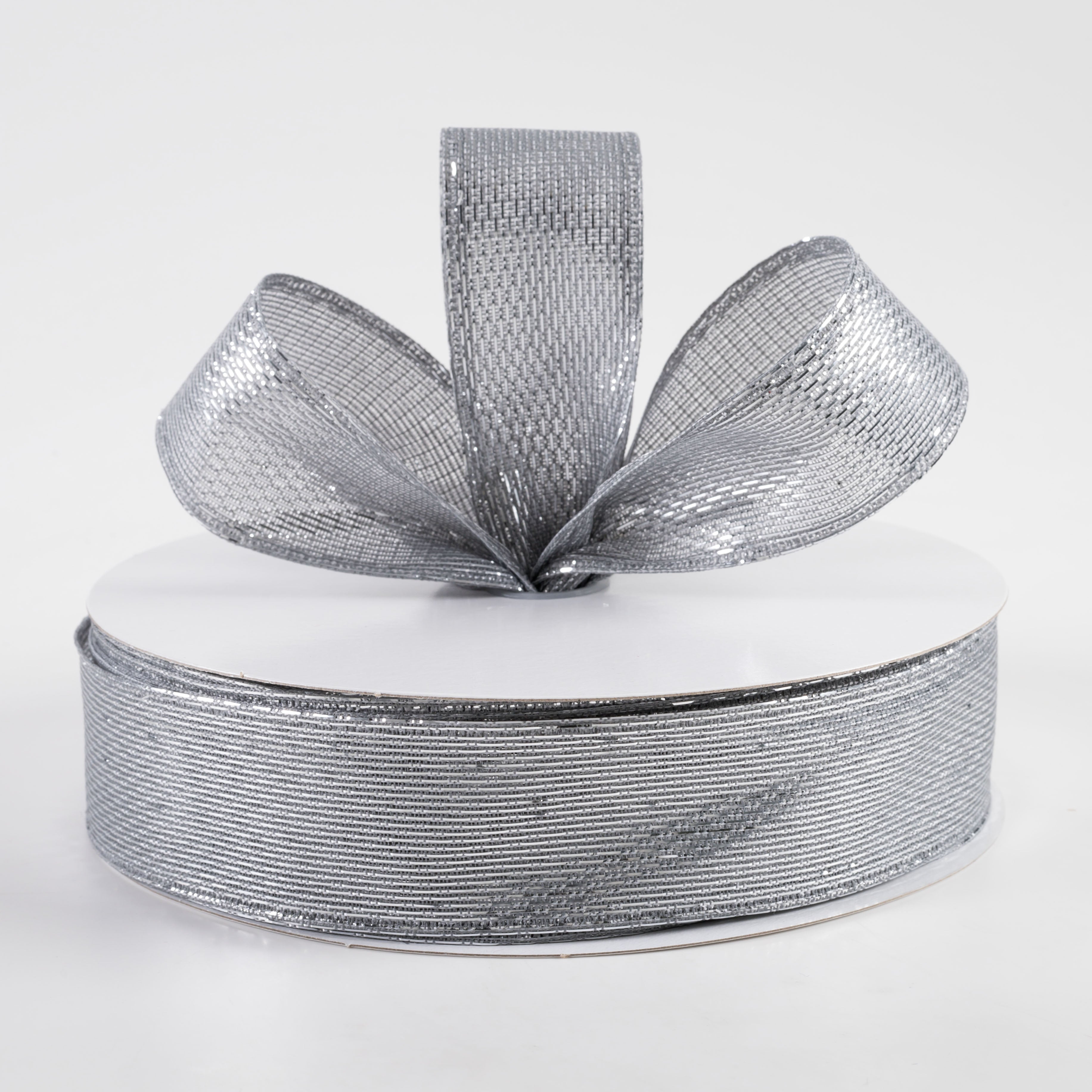 1.5" Stair-step Woven Metallic Ribbon: Silver (50 Yards) Lifestyle Photo