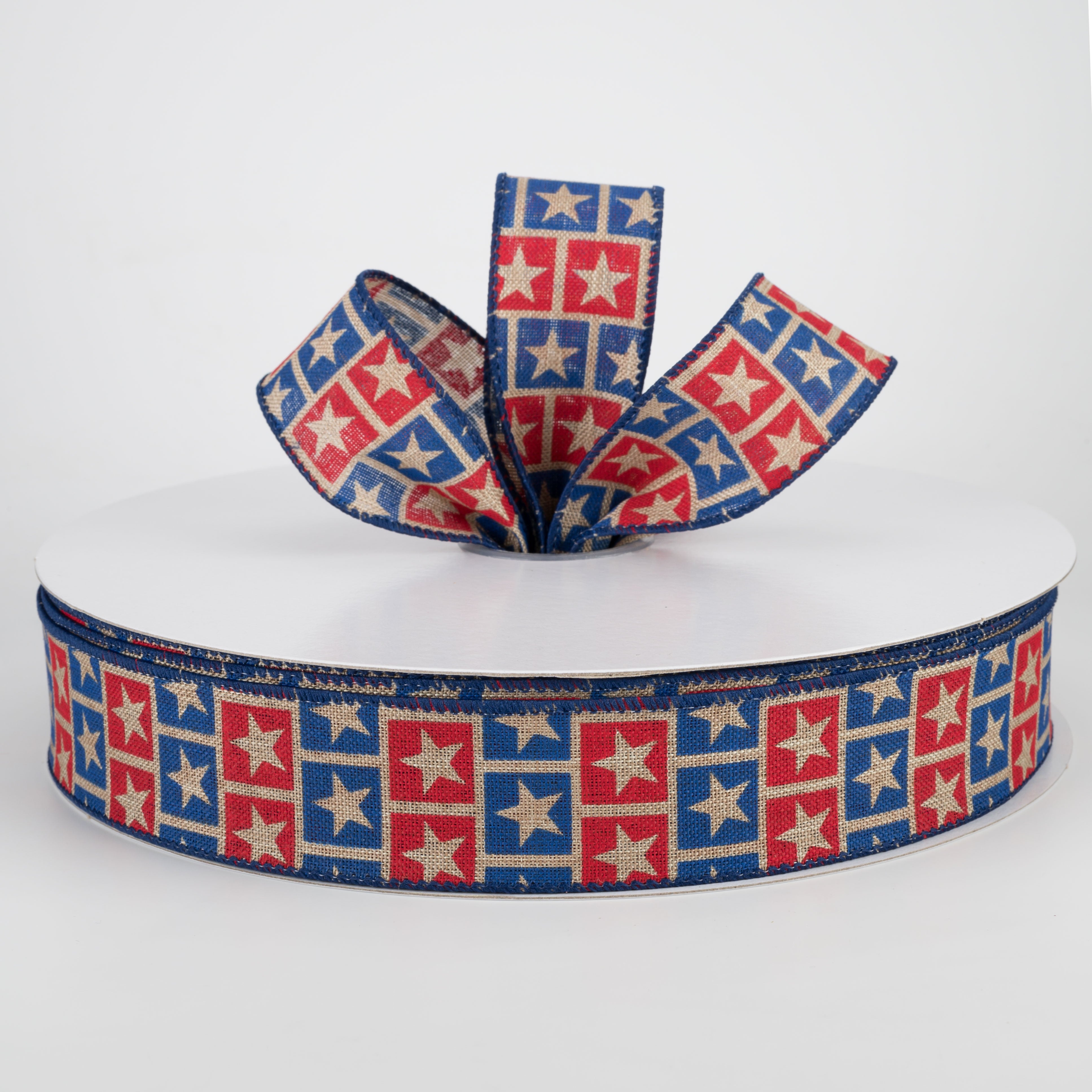 1.5" Star Squares Ribbon: Dark Natural, Red, Blue (50 Yards) Lifestyle Photo