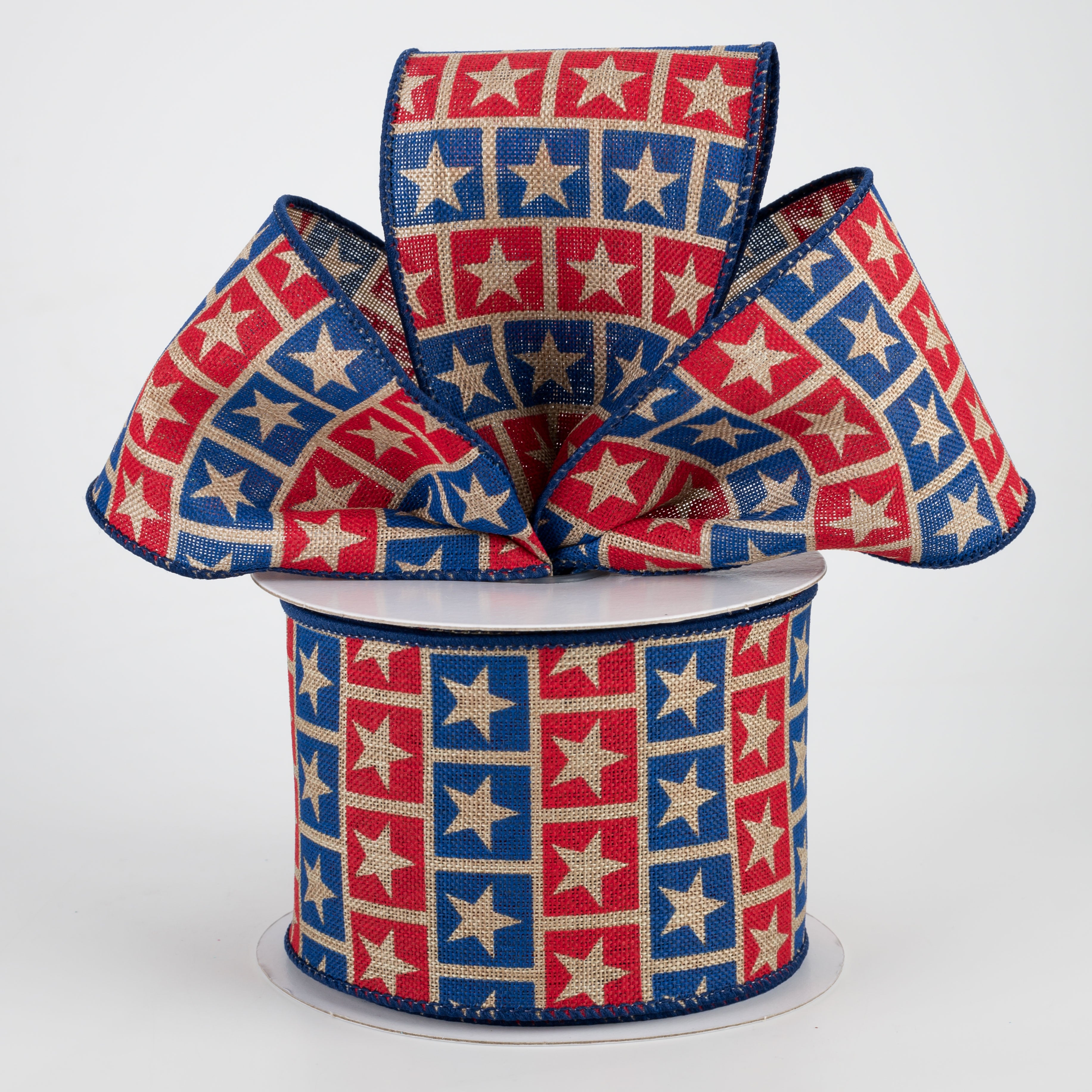 2.5" Star Squares Ribbon: Red, Blue, Dark Natural (10 Yards) Lifestyle Photo