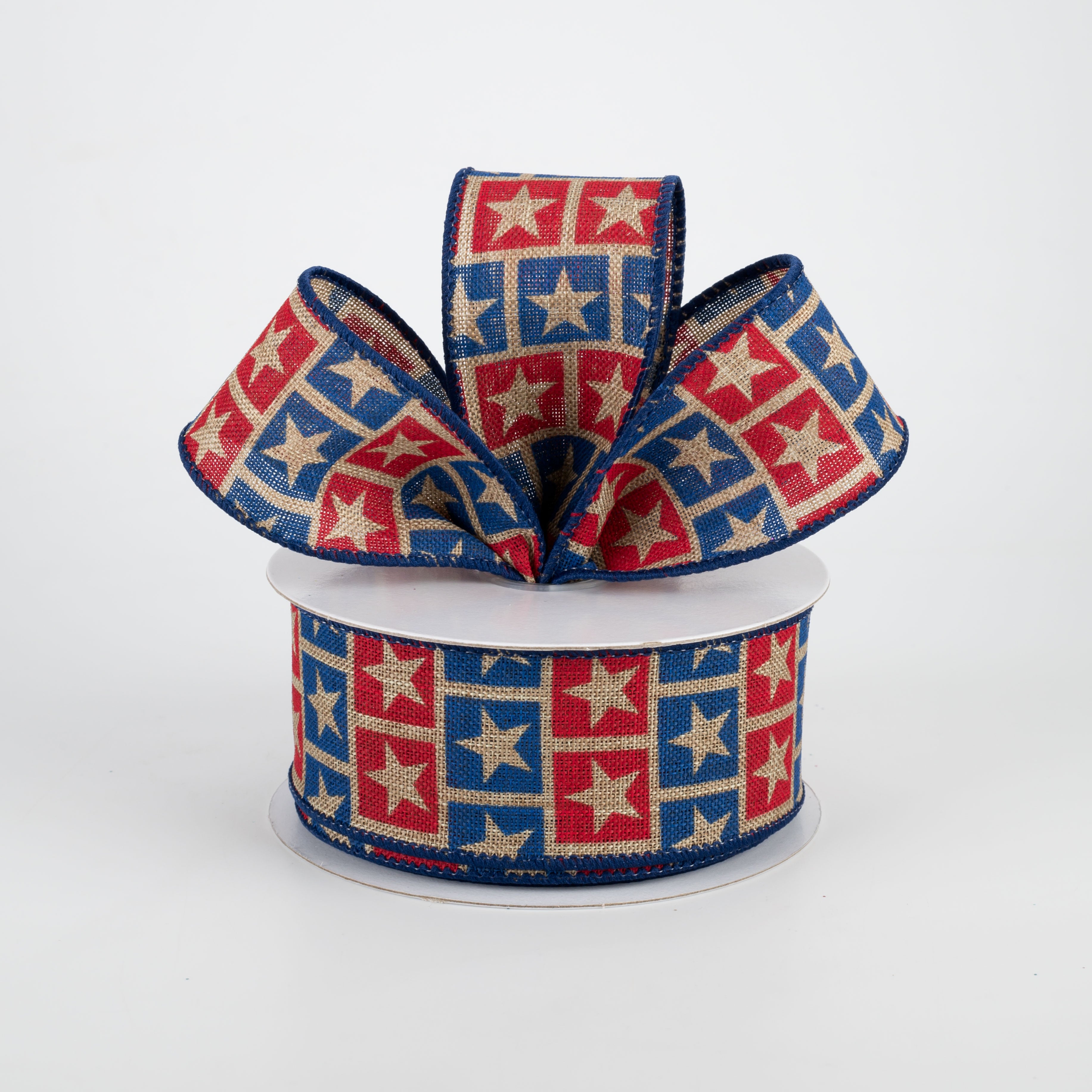 1.5" Star Squares Ribbon: Red, Blue, Dark Natural (10 Yards) Lifestyle Photo