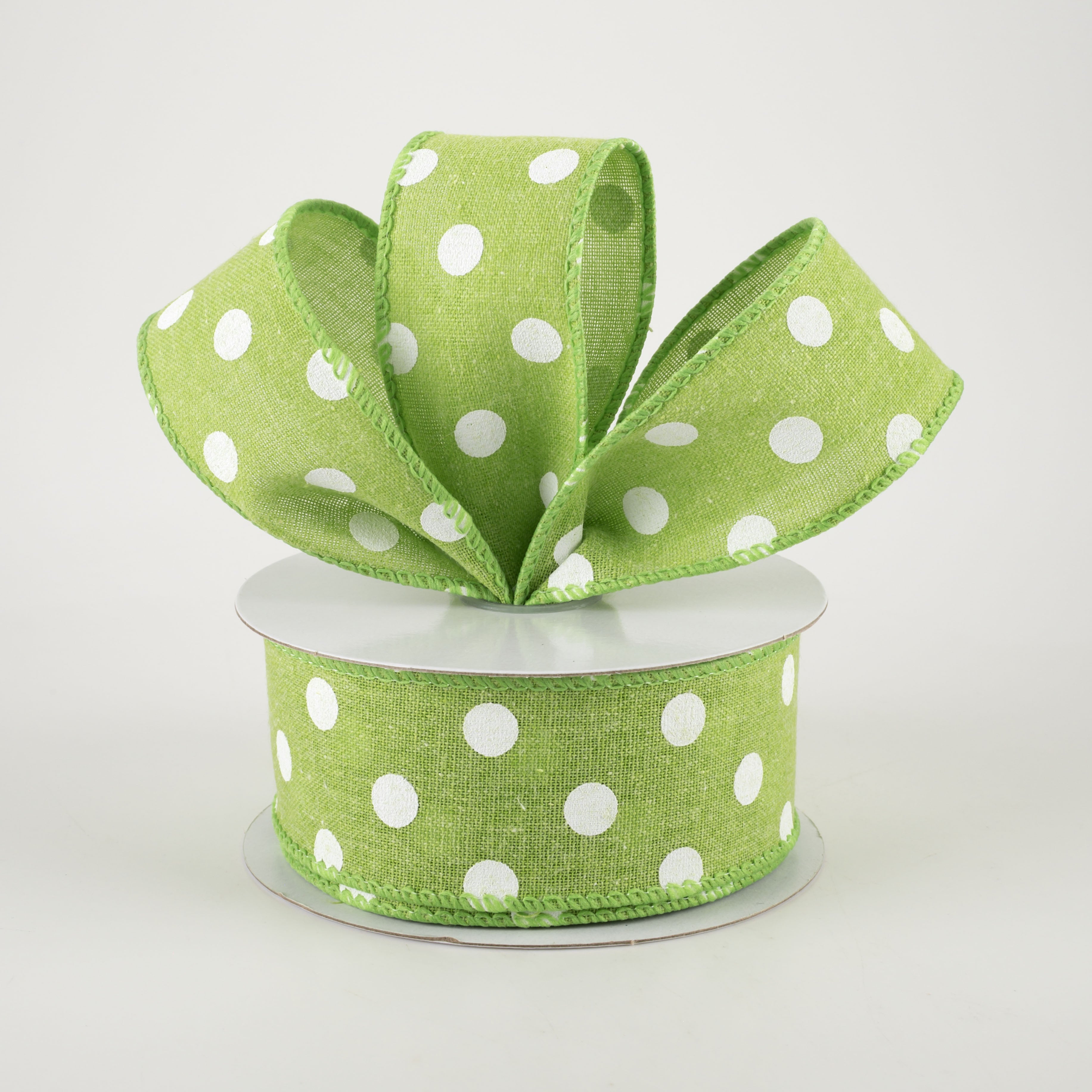 1.5" Stiff Linen Polka Dot Ribbon: Lime Green (10 Yards) Lifestyle Photo