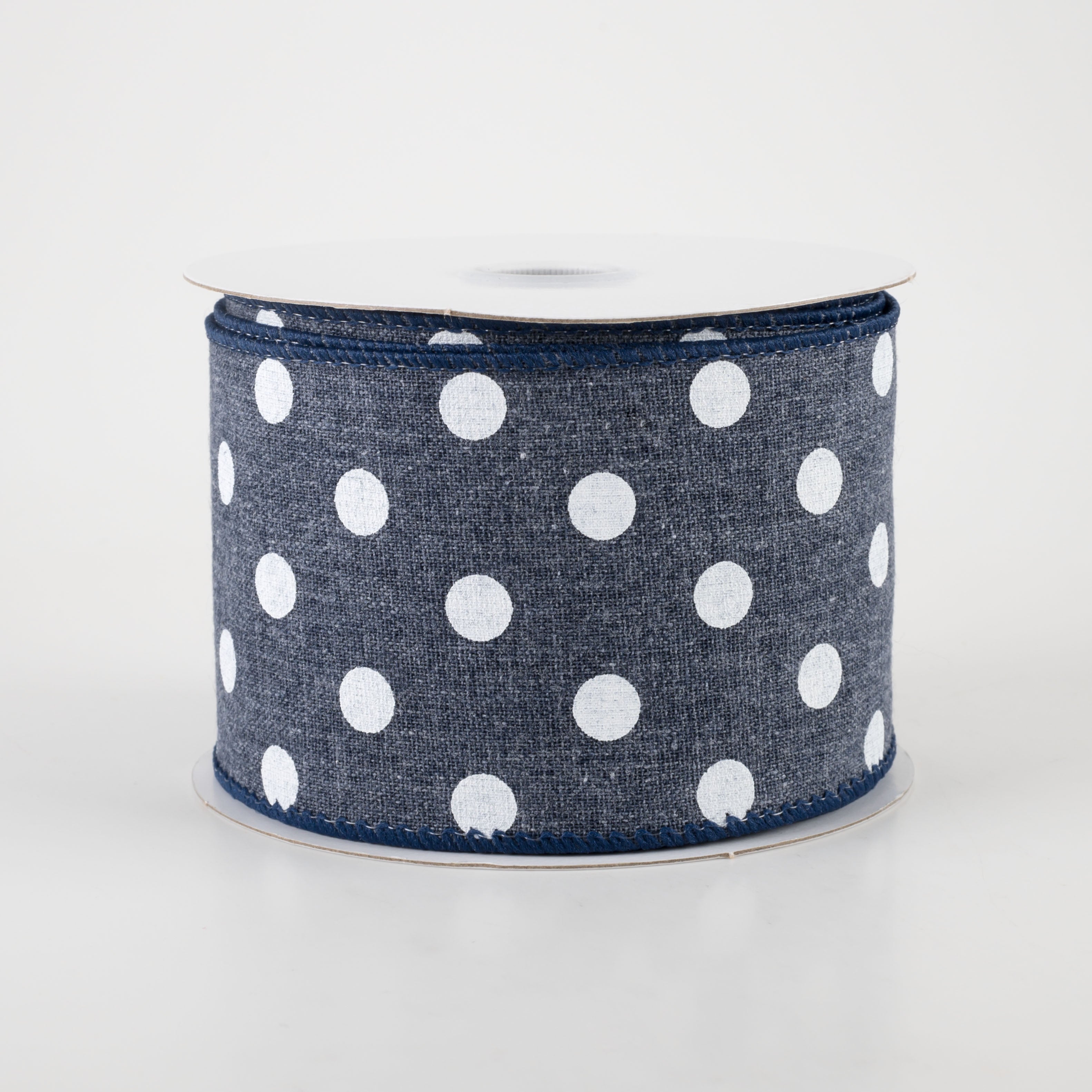 2.5" Stiff Linen Polka Dot Ribbon: Navy Blue (10 Yards)