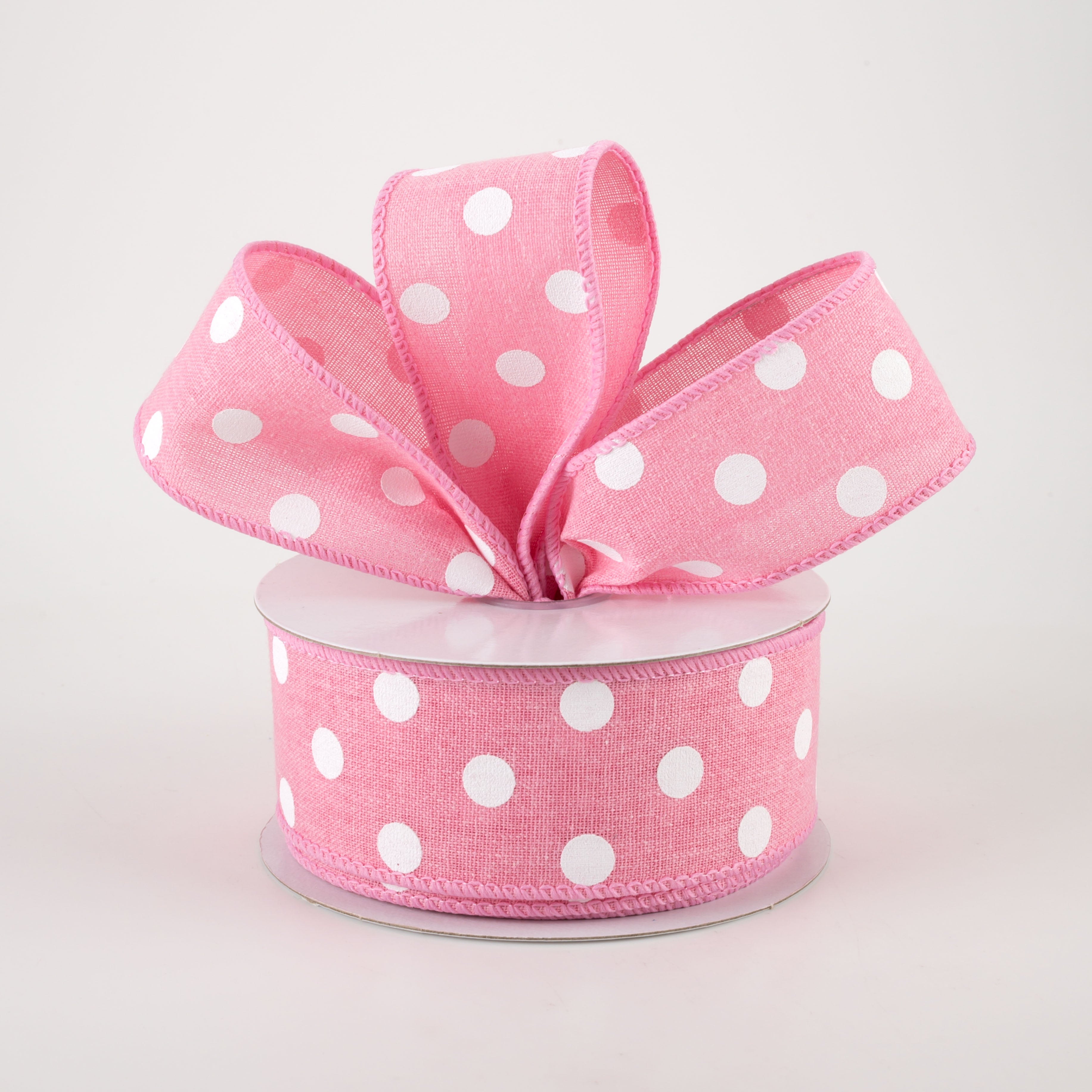 1.5" Stiff Linen Polka Dot Ribbon: Pink (10 Yards) Lifestyle Photo