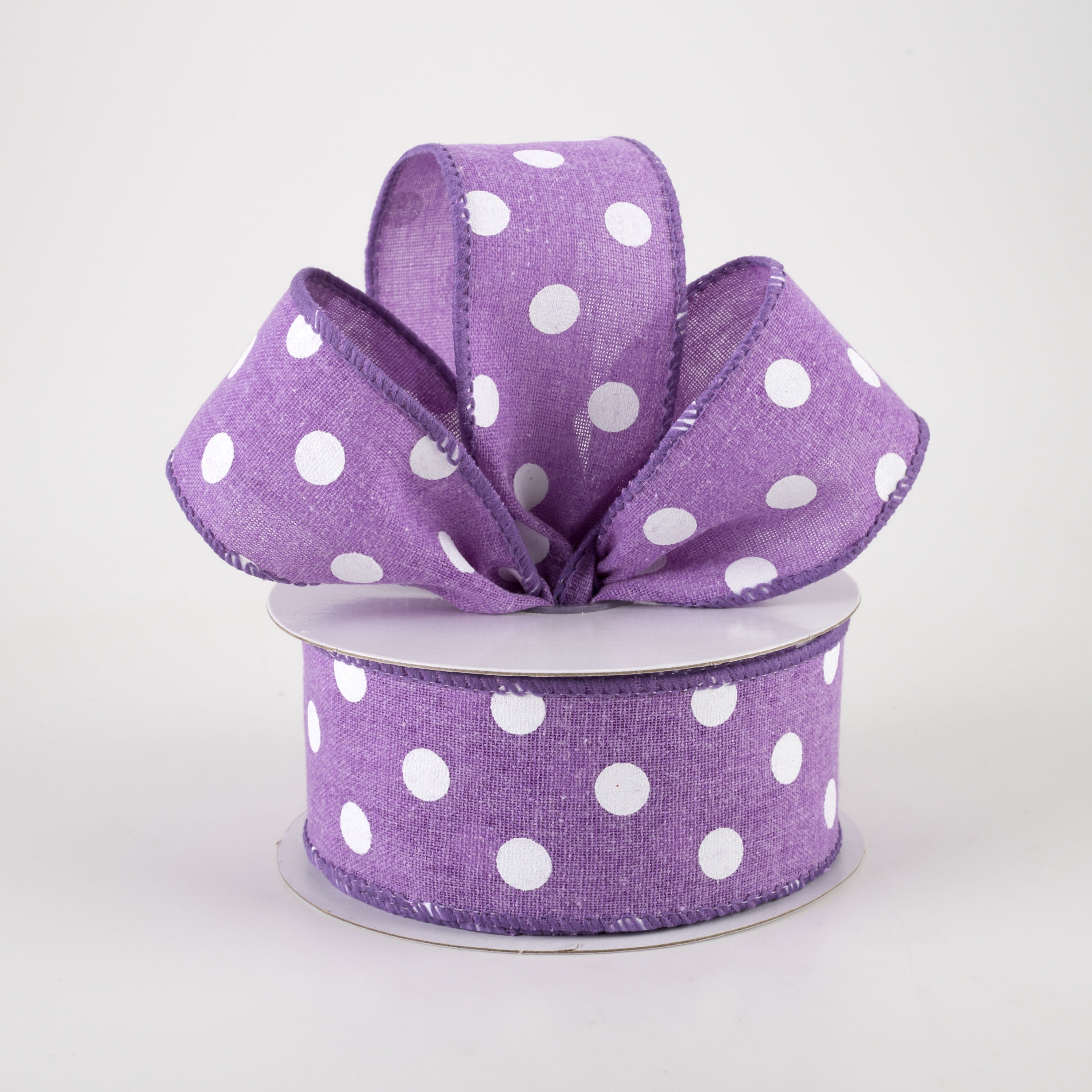 1.5" Stiff Linen Polka Dot Ribbon: Purple (10 Yards) Lifestyle Photo