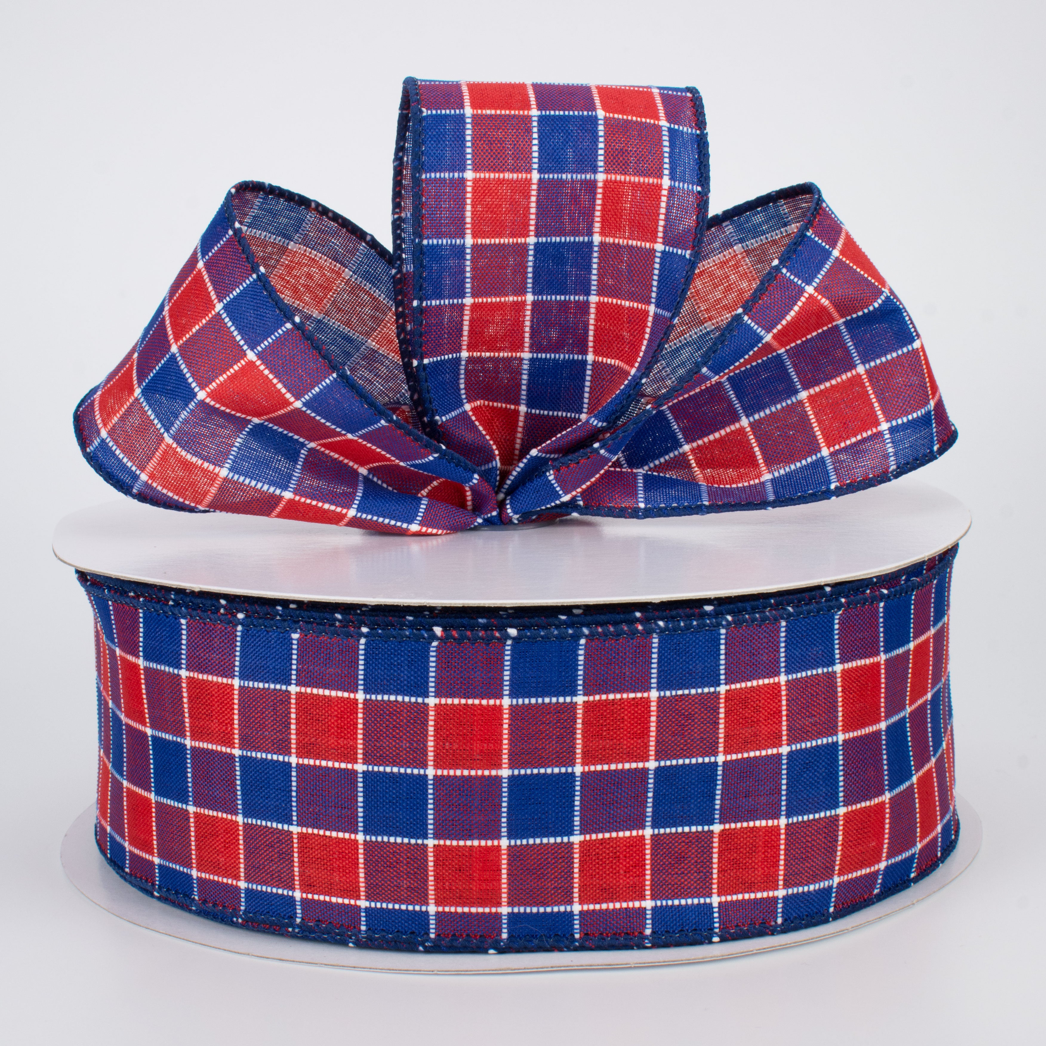 2.5" Stitched Check Ribbon: Red & Blue (50 Yards) Lifestyle Photo