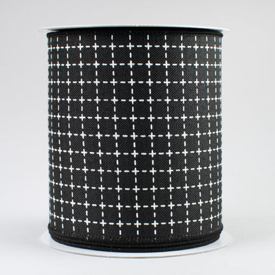 4" Stitched Squares Ribbon: Black & White (10 Yards)