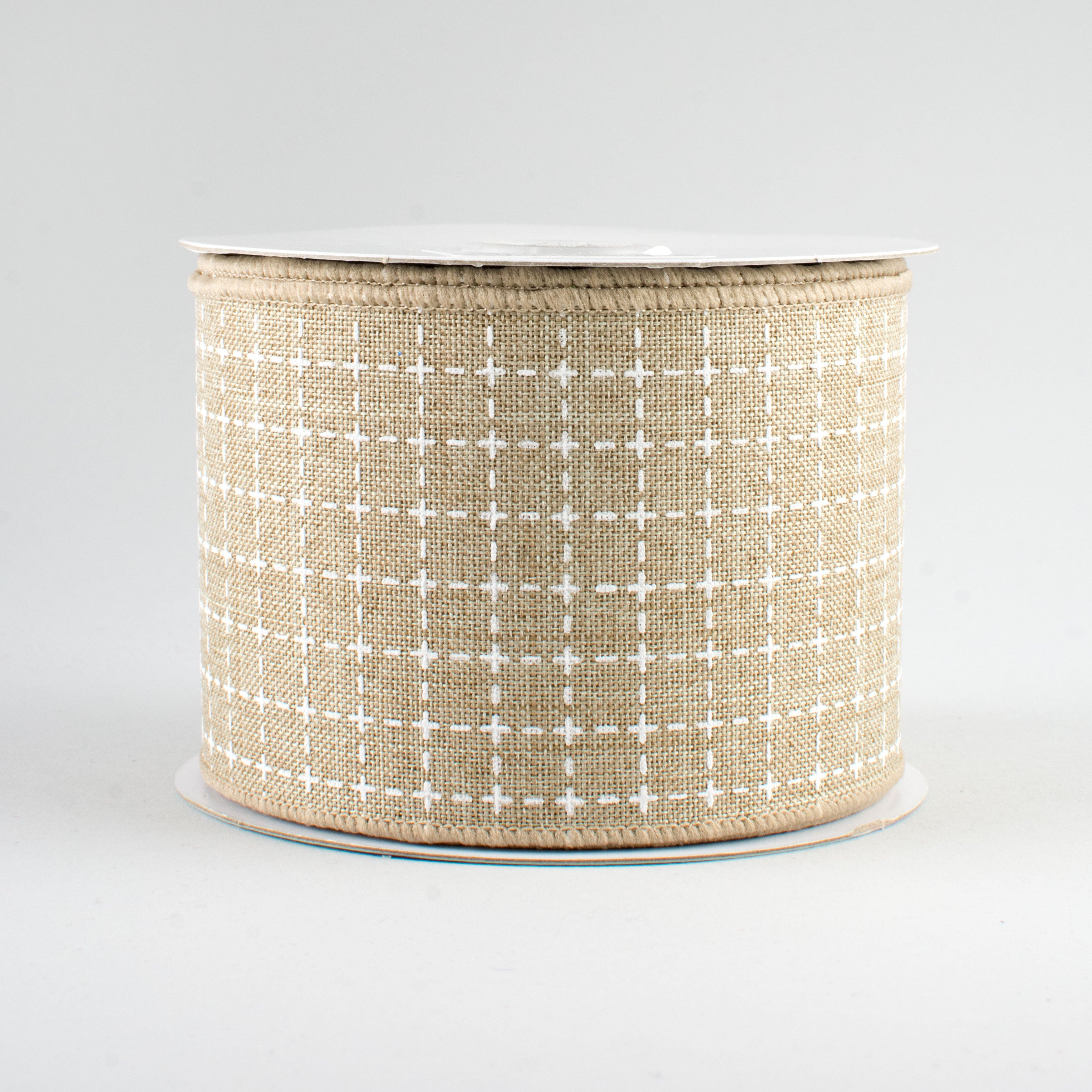 2.5" Stitched Squares Ribbon: Natural & White (10 Yards)