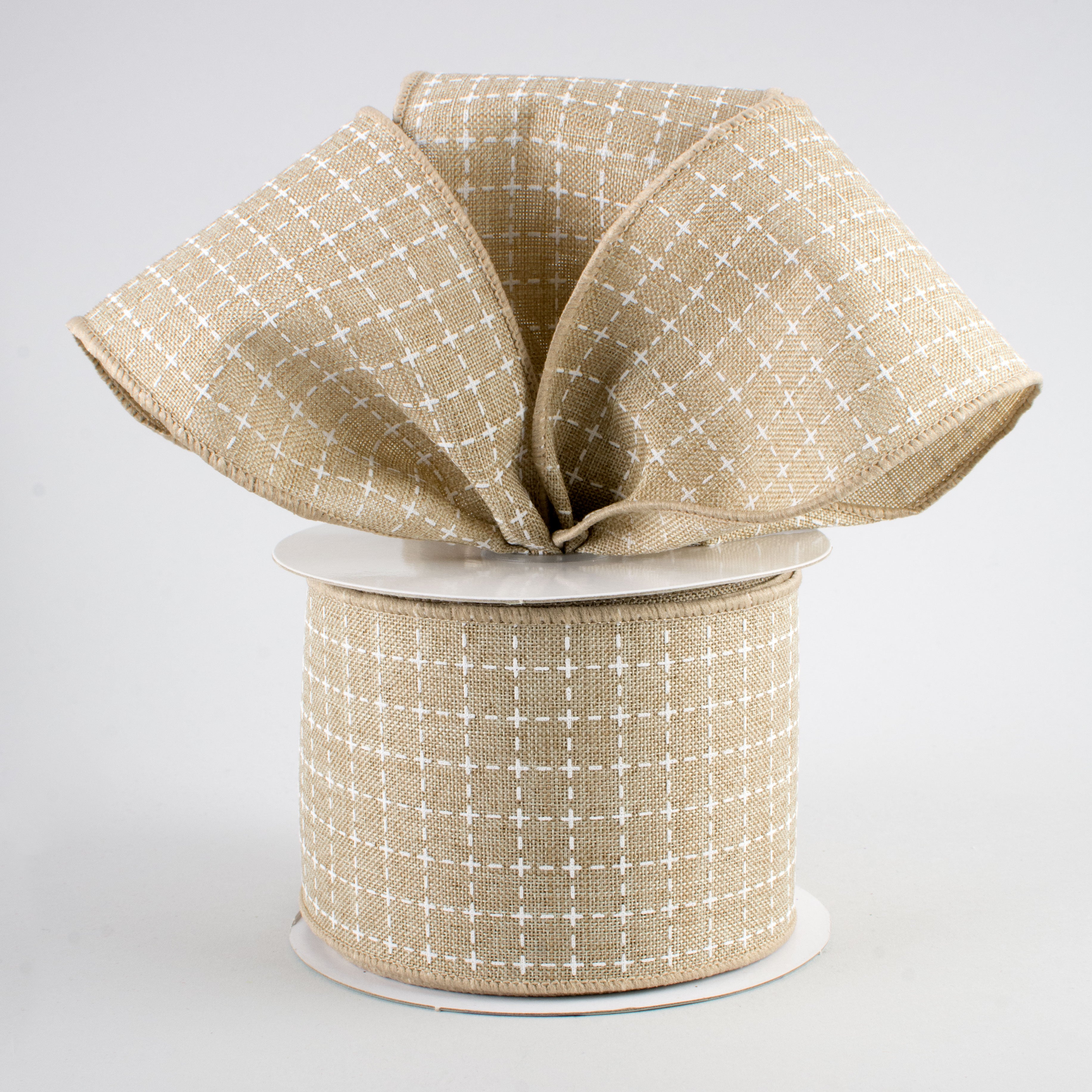 2.5" Stitched Squares Ribbon: Natural & White (10 Yards) Lifestyle Photo