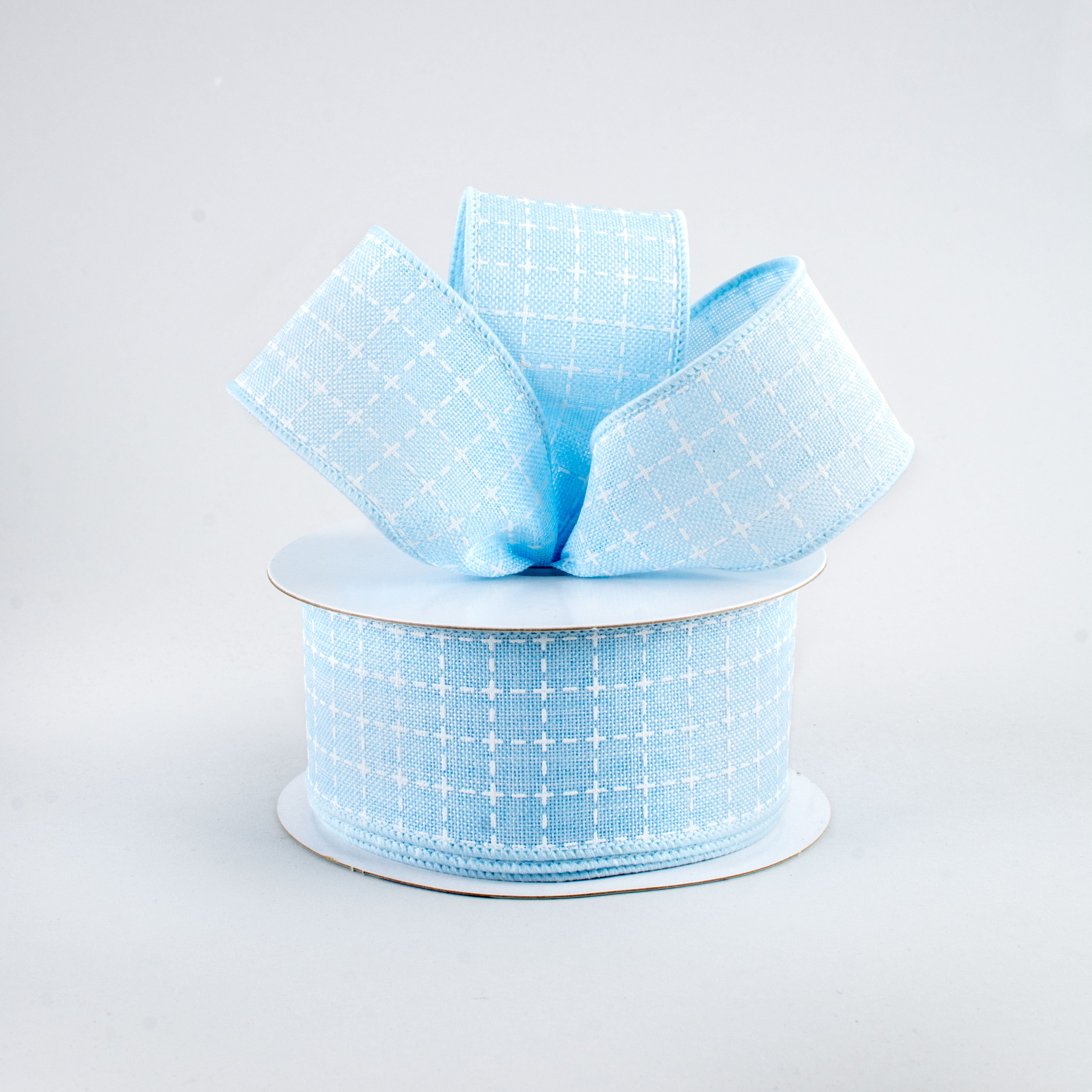 1.5" Stitched Squares Ribbon: Pale Blue & White (10 Yards) Lifestyle Photo