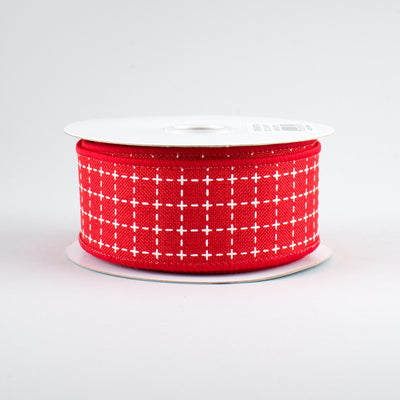 1.5" Stitched Squares Ribbon: Red & White (10 Yards)