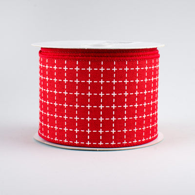 2.5" Stitched Squares Ribbon: Red & White (10 Yards)