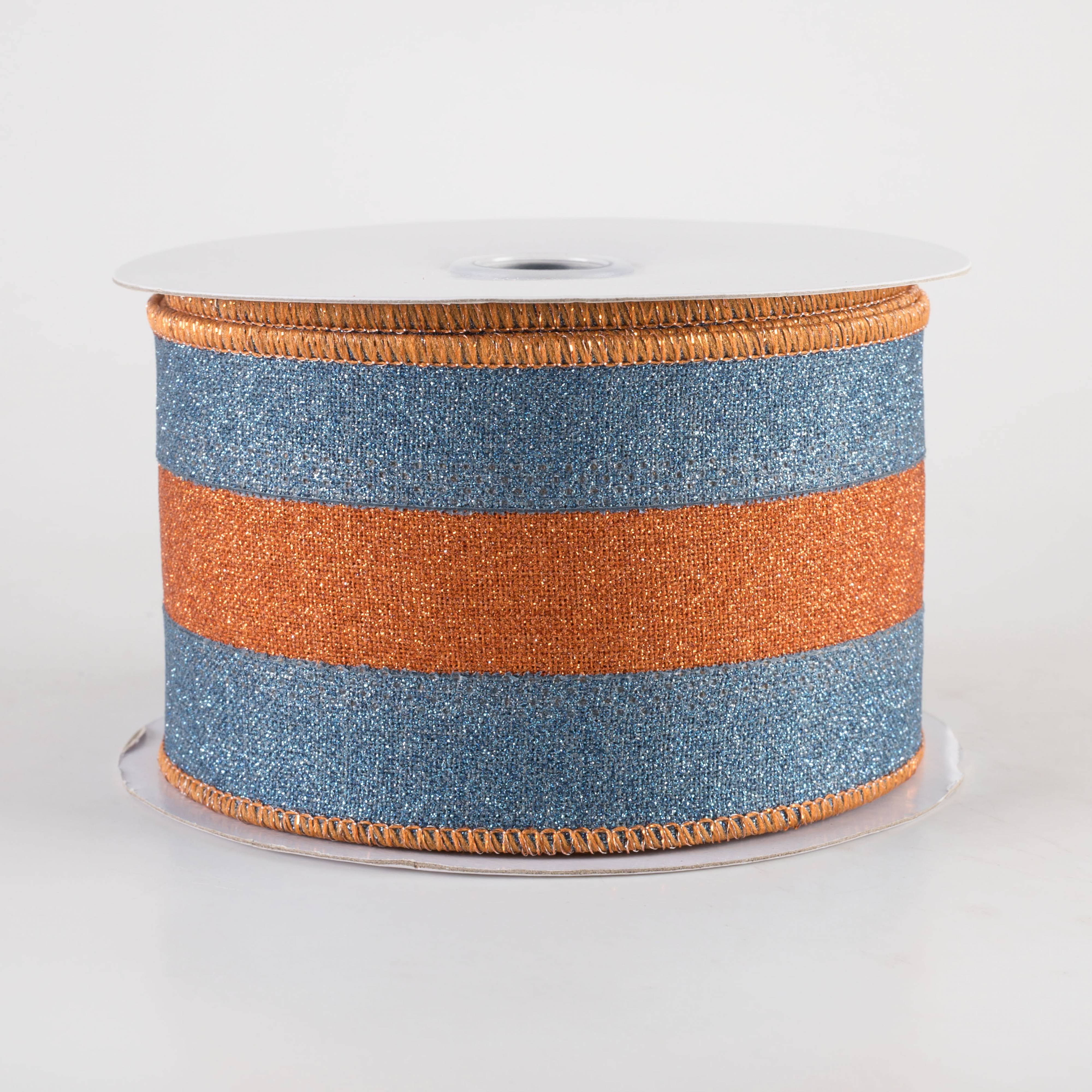 2.5" Stripe Fine Glitter on Royal Ribbon: Smoke Blue & Pumpkin Orange (10 Yards) Item Number: RGC8118X3