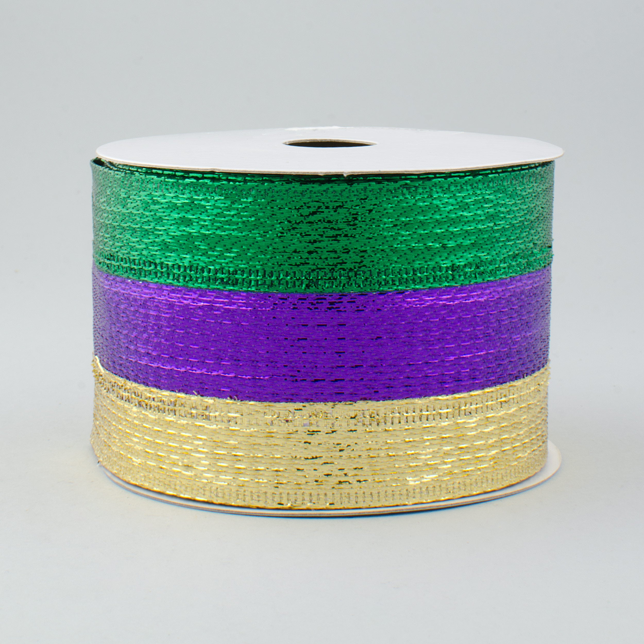 2.5" Stripe Metallic Lamé Ribbon: Purple, Green & Gold (10 Yards)