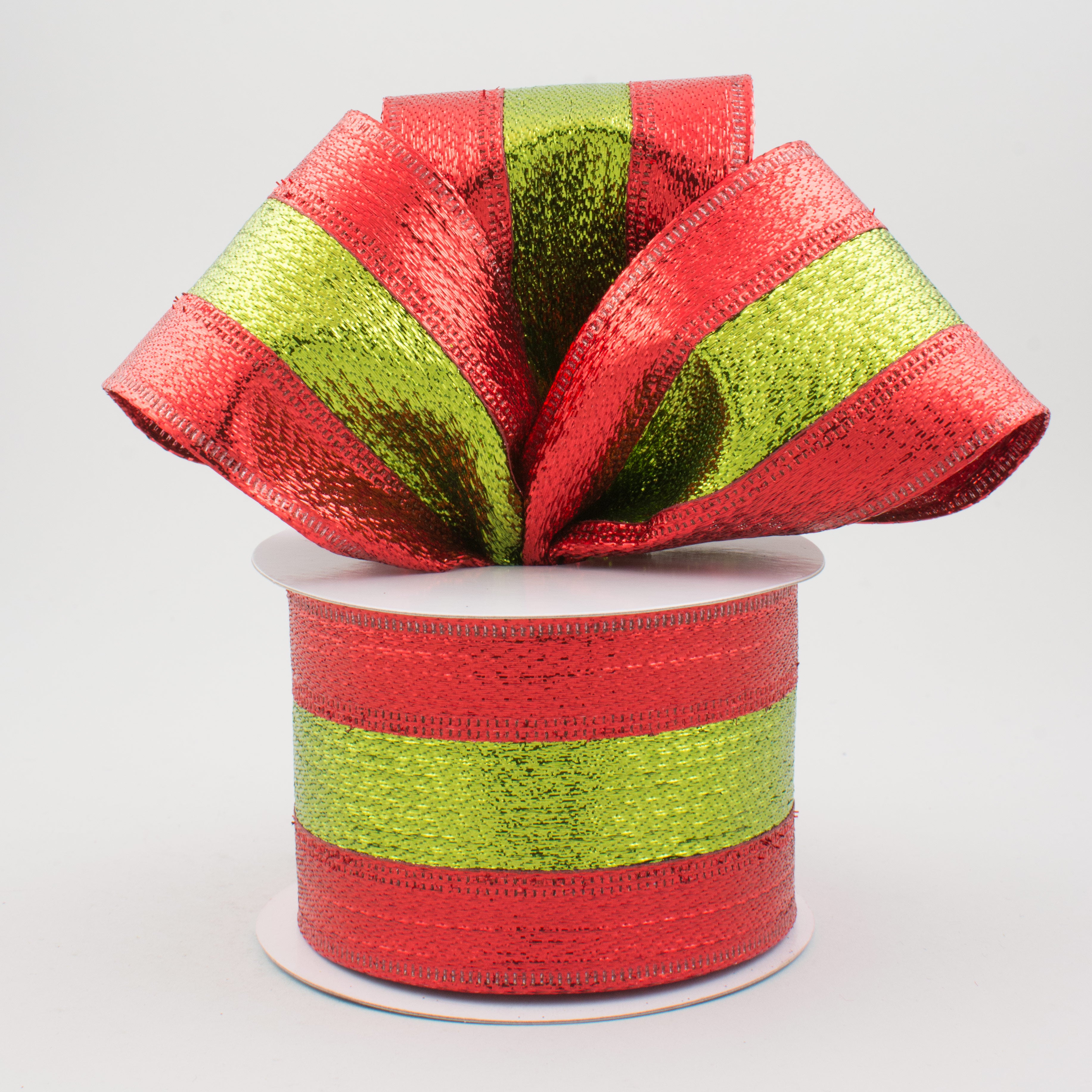 2.5" Stripe Metallic Lame Ribbon: Red & Lime Green (10 Yards) Lifestyle Photo