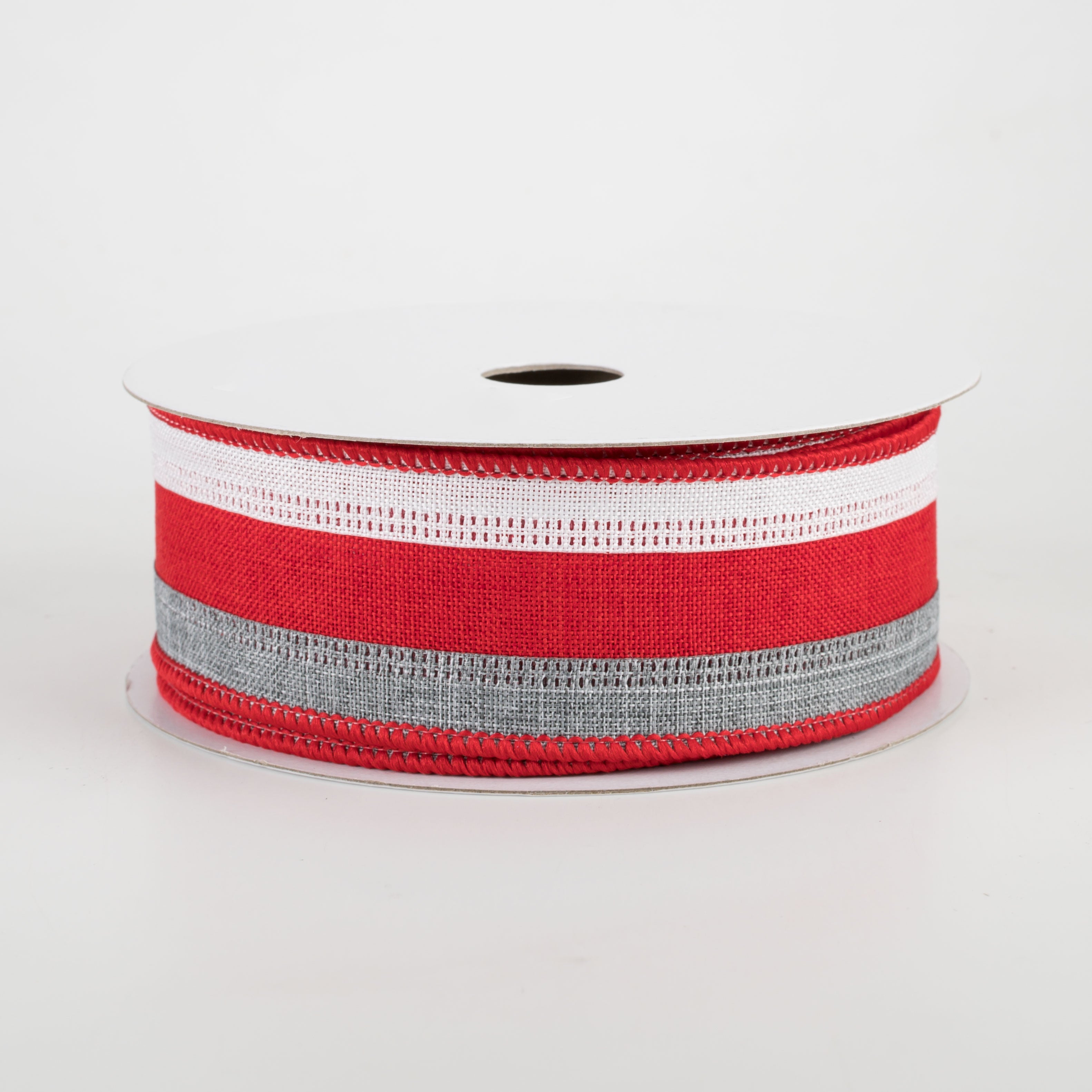 1.5" Stripe Ribbon: Grey, Red, White (10 Yards)