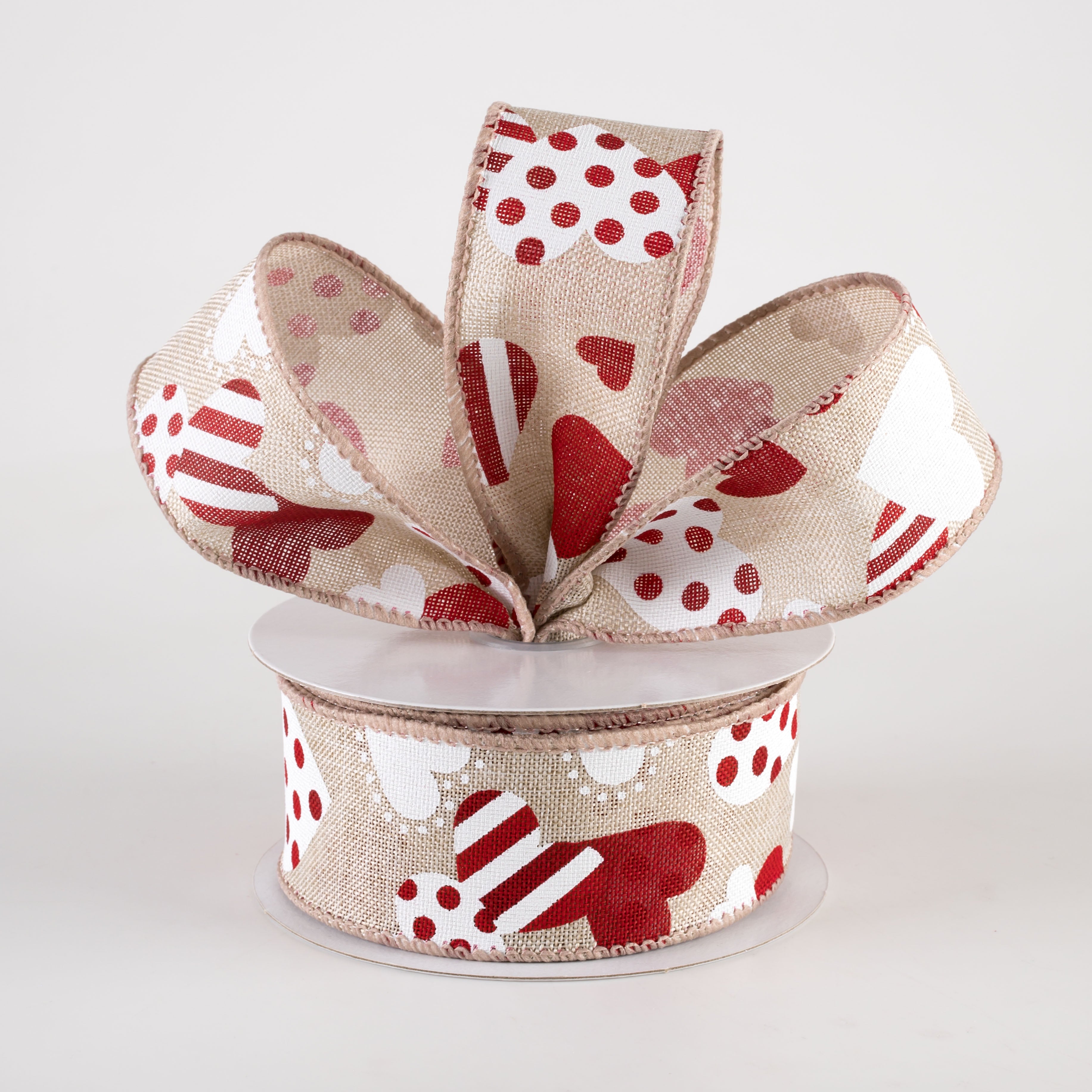 1.5" Striped & Dotted Hearts Linen Ribbon: Natural, Red, White (10 Yards) Lifestyle Photo
