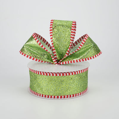1.5" Striped Edge Glitter Ribbon: Lime, Red, White (10 Yards) Lifestyle Photo