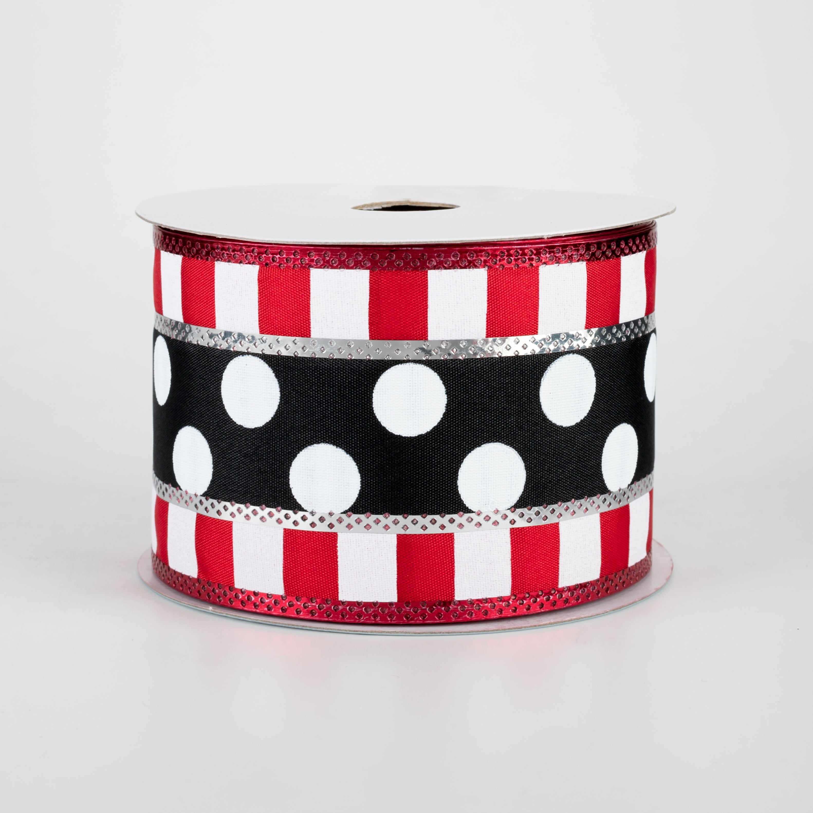 2.5" Striped Edge Polka Dot Ribbon: Black, White, Red, Silver (10 Yards)