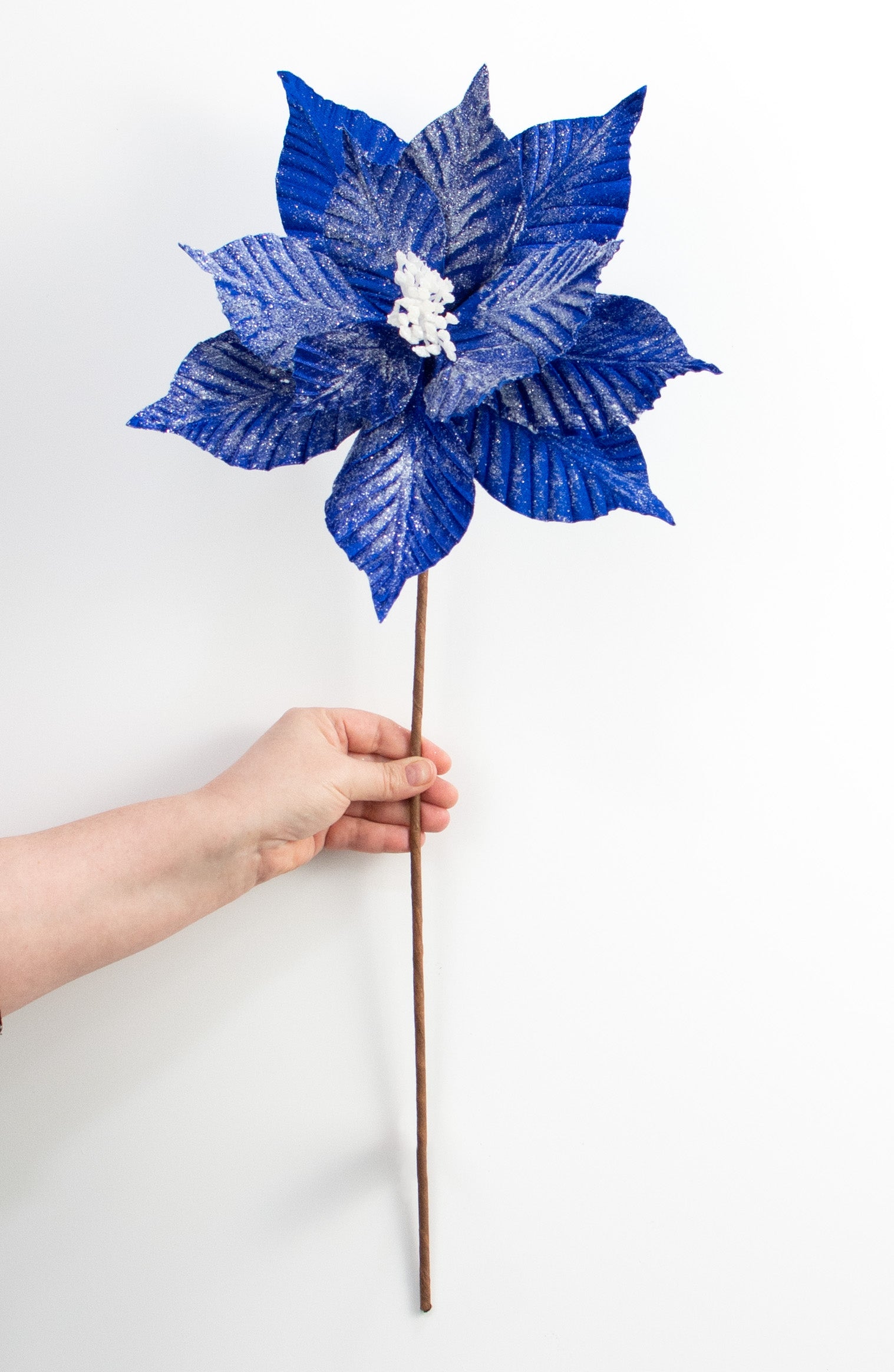 24" Striped Poinsettia Stem: Blue & White detail photo 3