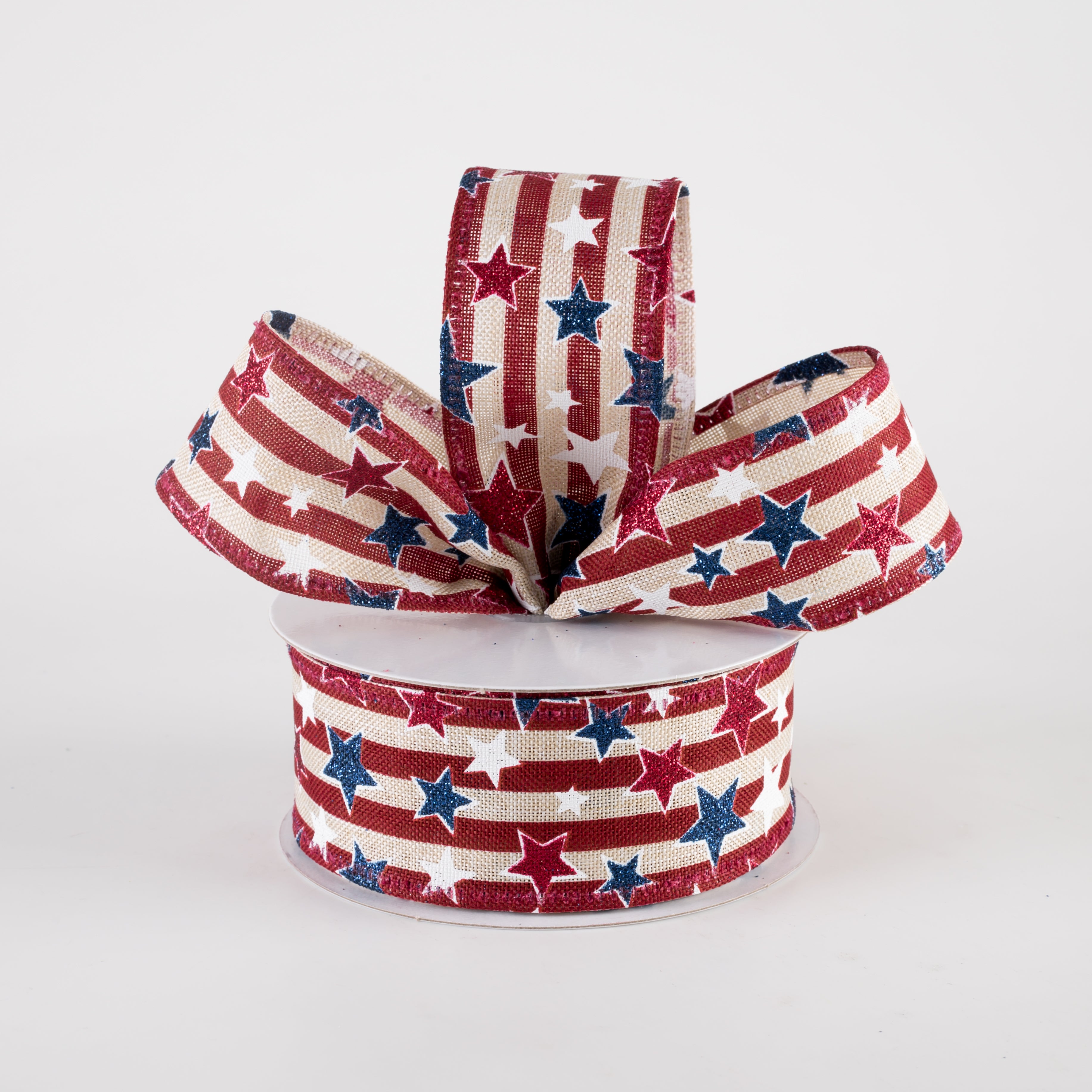 1.5" Stripes & Glitter Patriotic Stars Ribbon: Burgundy on Natural (10 Yards) Lifestyle Photo