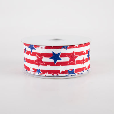 1.5" Stripes & Glitter Patriotic Stars Ribbon: Red (10 Yards)