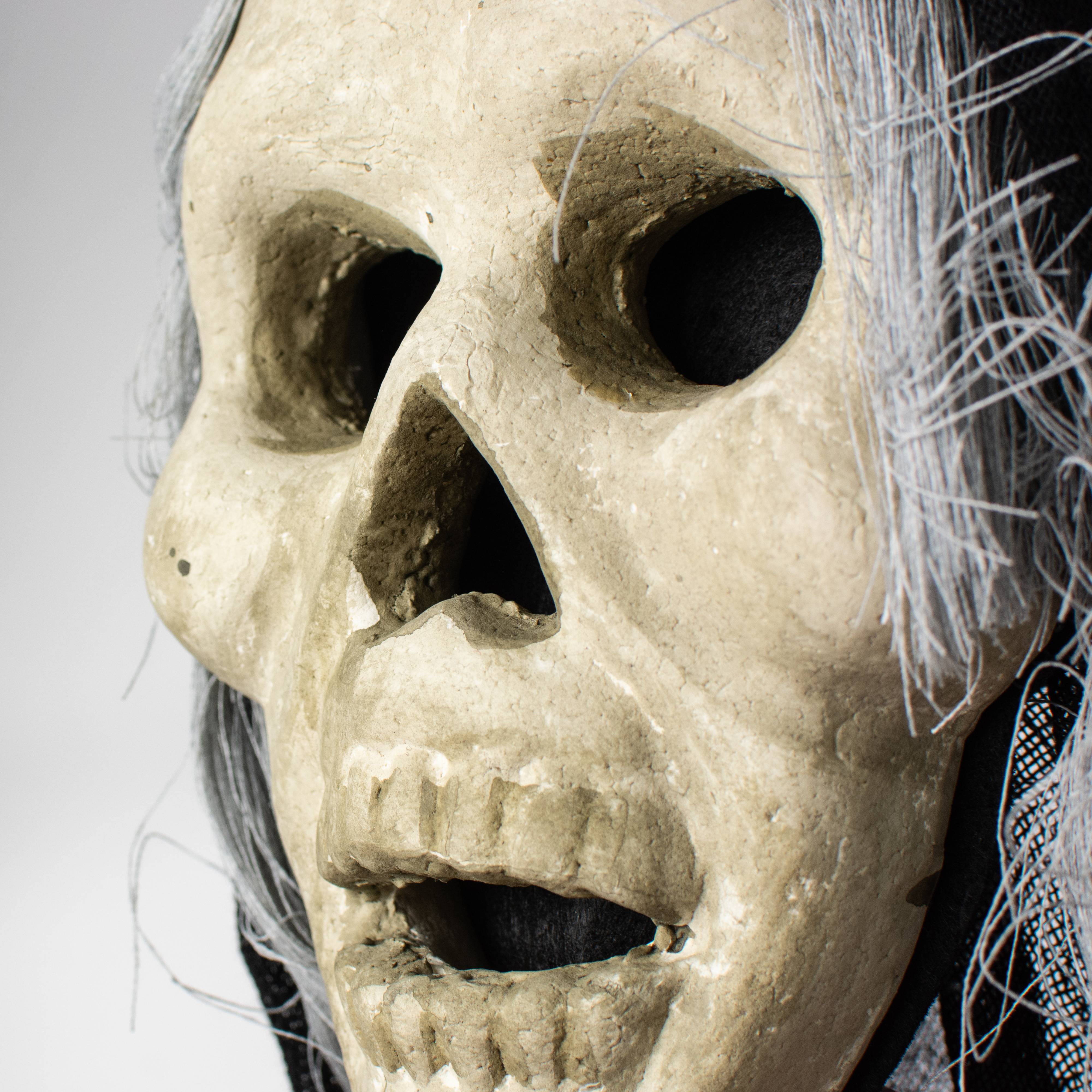 20" x 6" Styrofoam & Burlap Witch Skull: Grey & Black detail photo 4