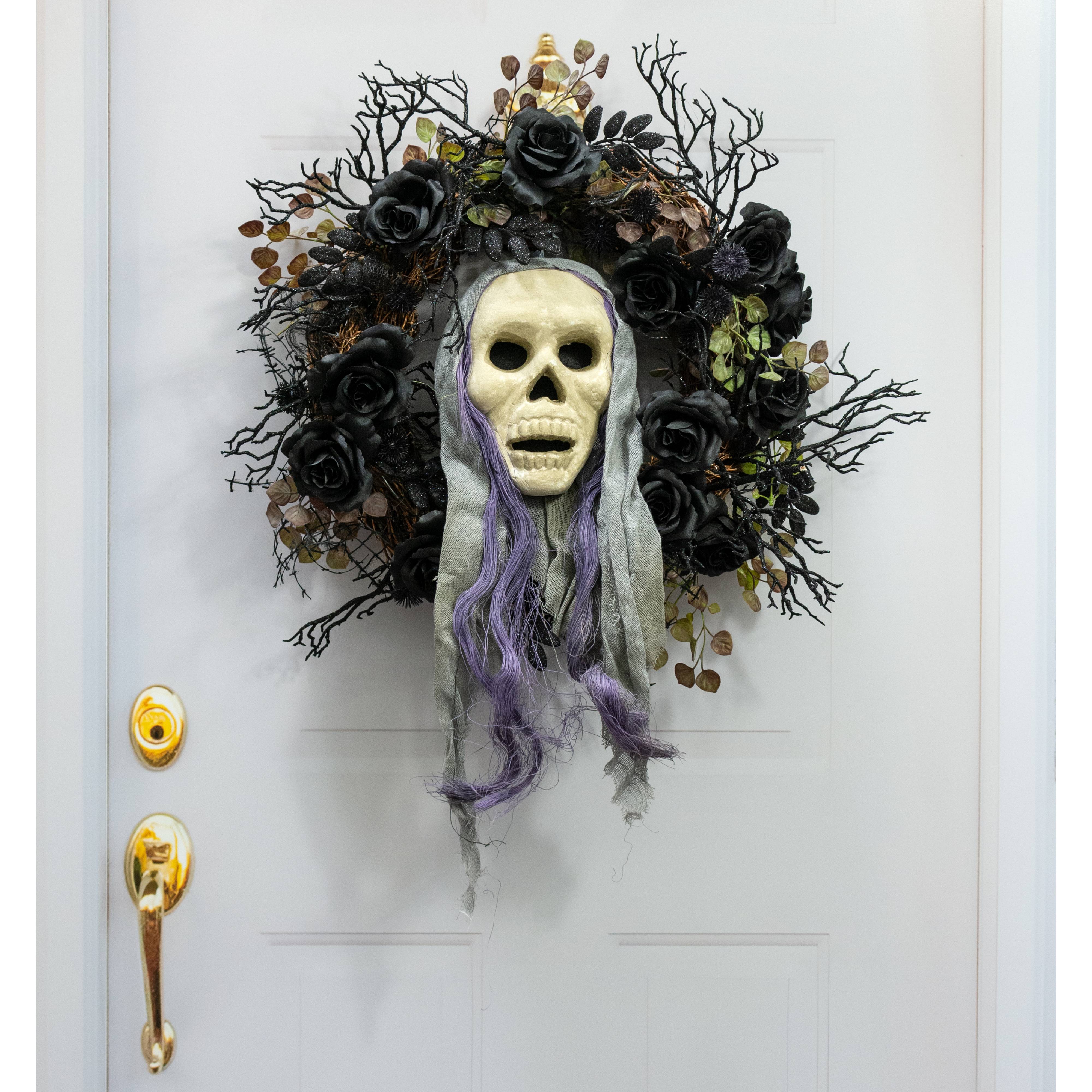 24" x 8" Styrofoam & Burlap Witch Skull: Grey & Purple Lifestyle Photo
