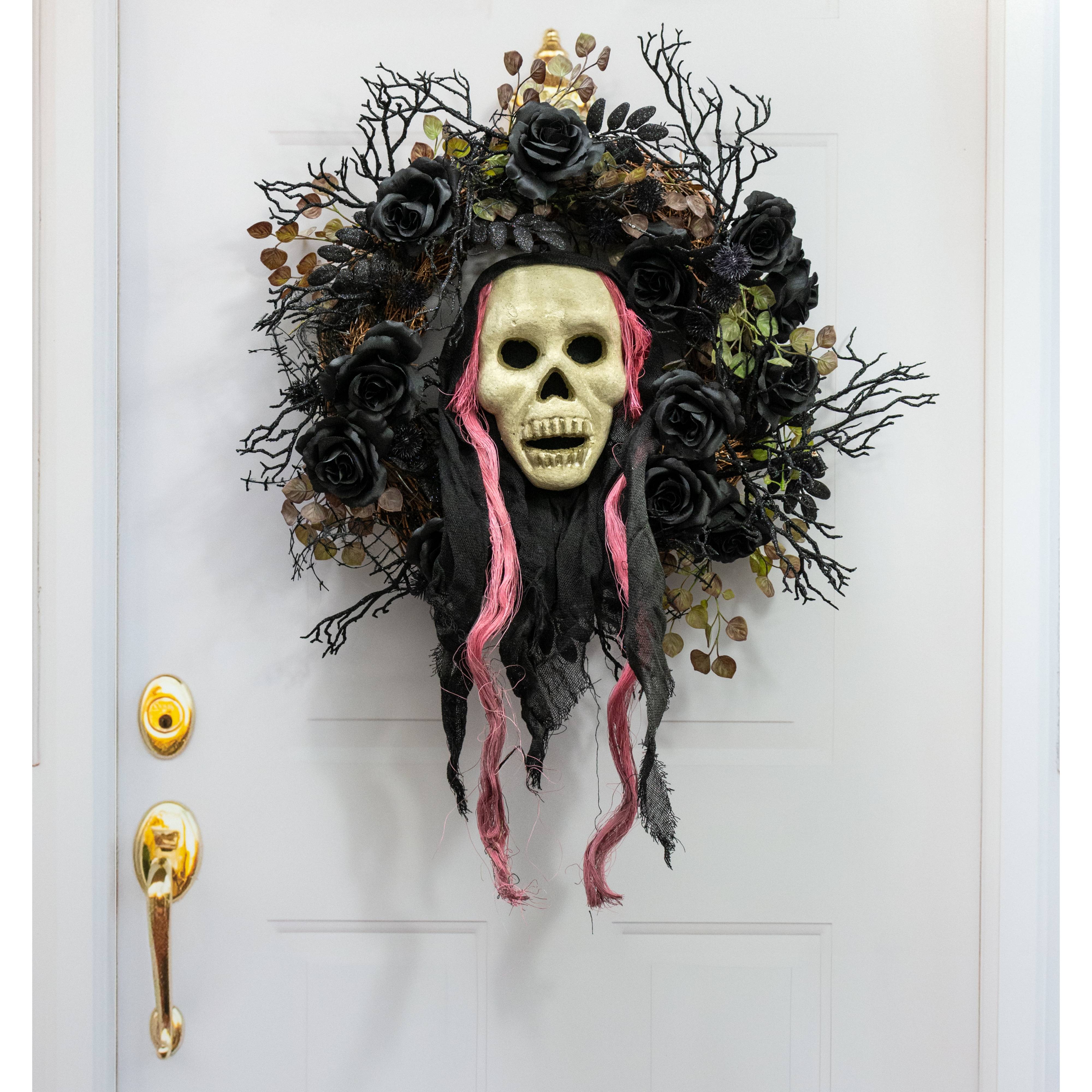 24" x 8" Styrofoam & Burlap Witch Skull: Pink & Black Lifestyle Photo