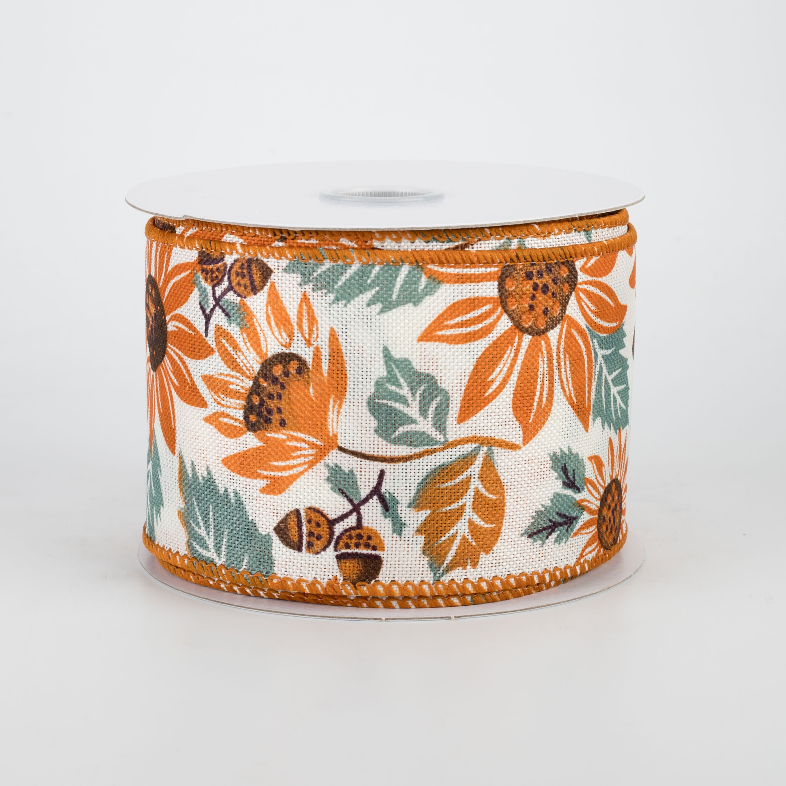 2.5" Sunflower & Acorn Ribbon: Ivory, Blue, Rust (10 Yards)