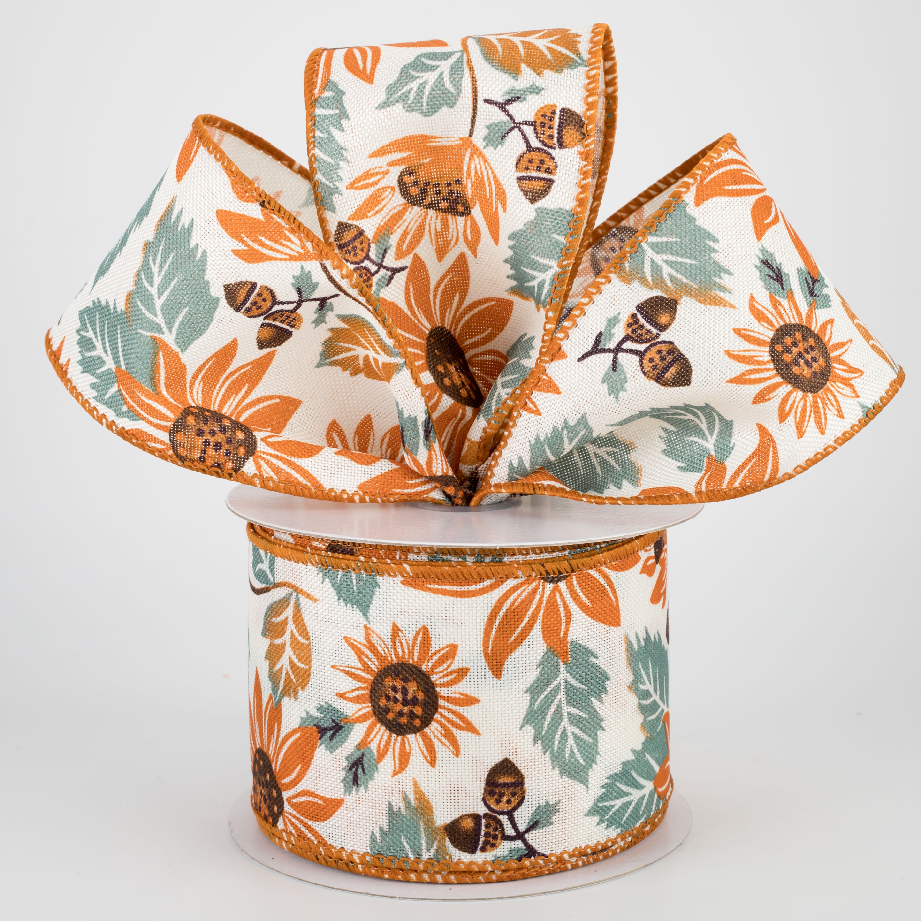 2.5" Sunflower & Acorn Ribbon: Ivory, Blue, Rust (10 Yards) Lifestyle Photo