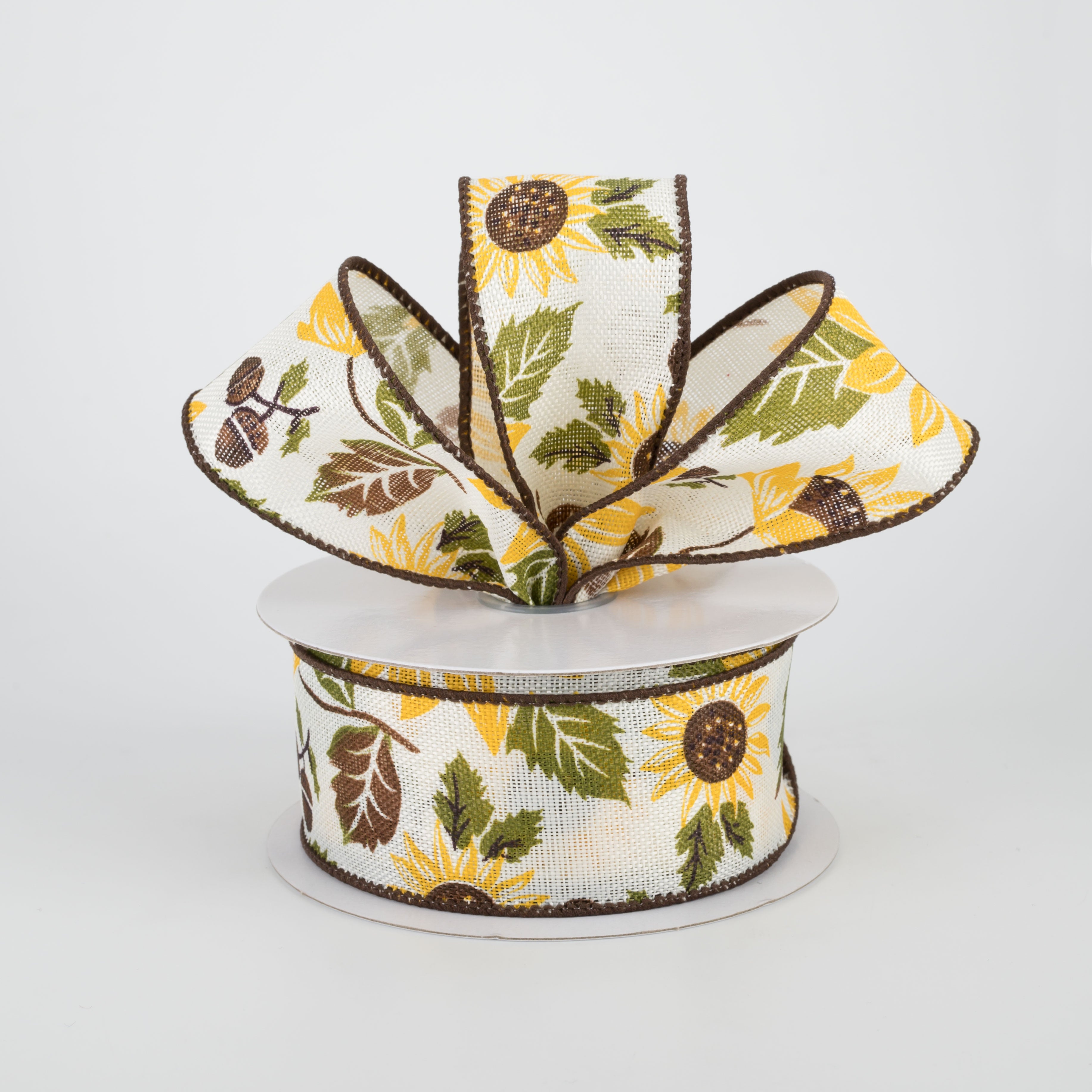 1.5" Sunflower & Acorn Ribbon: Ivory, Brown, Yellow (10 Yards) Lifestyle Photo