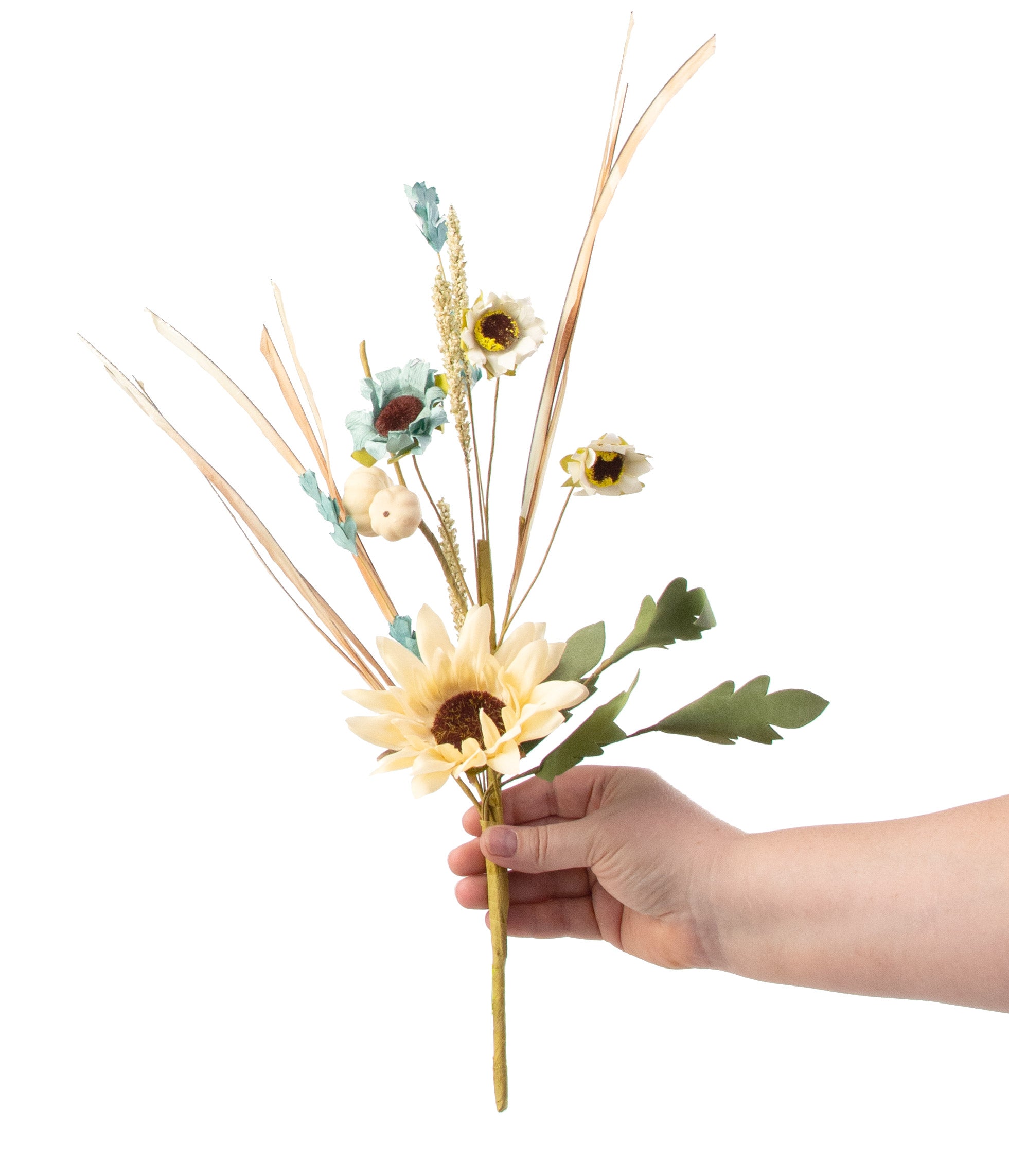 16" Sunflower Pumpkin Cattail Filler Pick: Blue & Cream detail photo 3