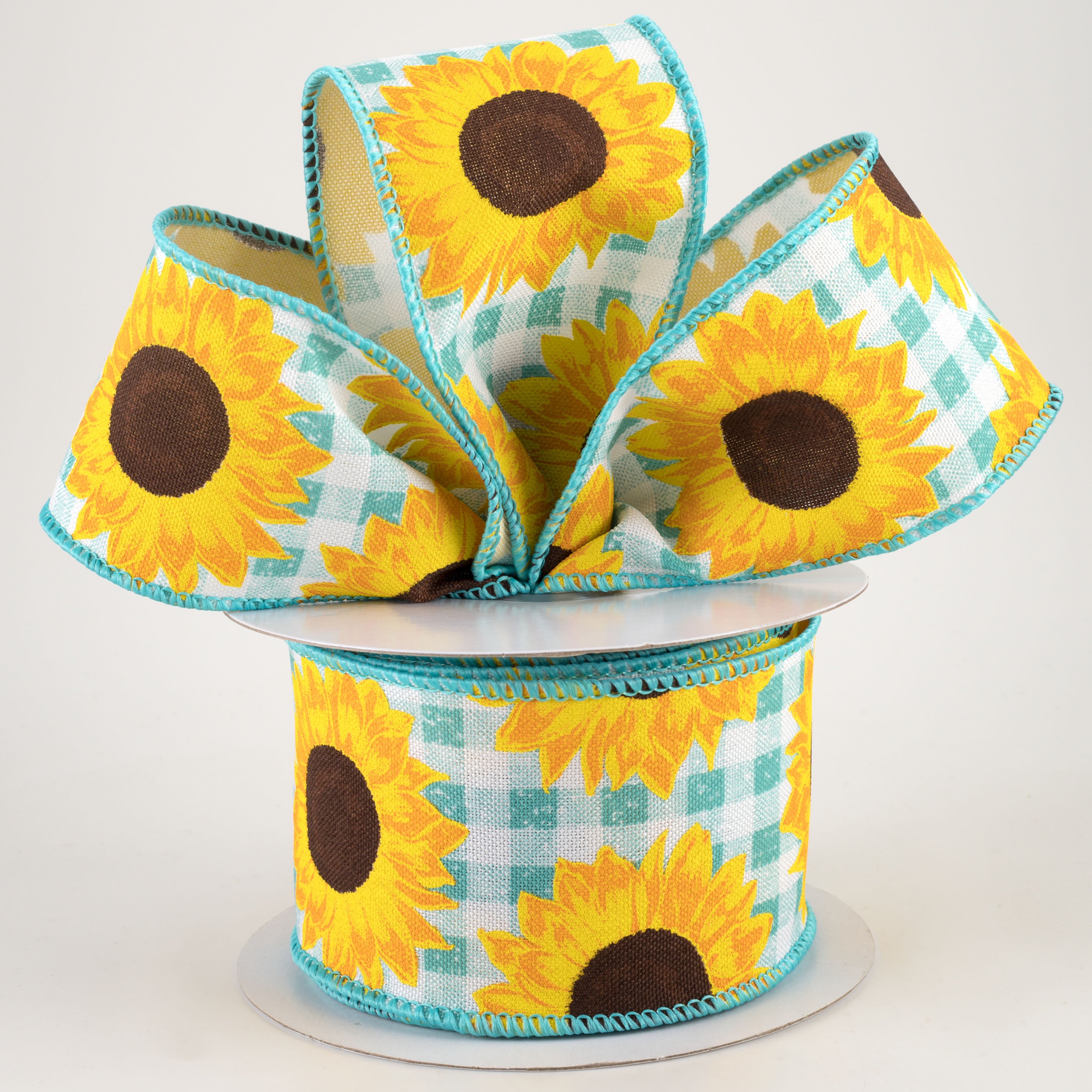 2.5" Sunflowers on Faux Burlap Check Ribbon: Teal & White (10 Yards) Lifestyle Photo