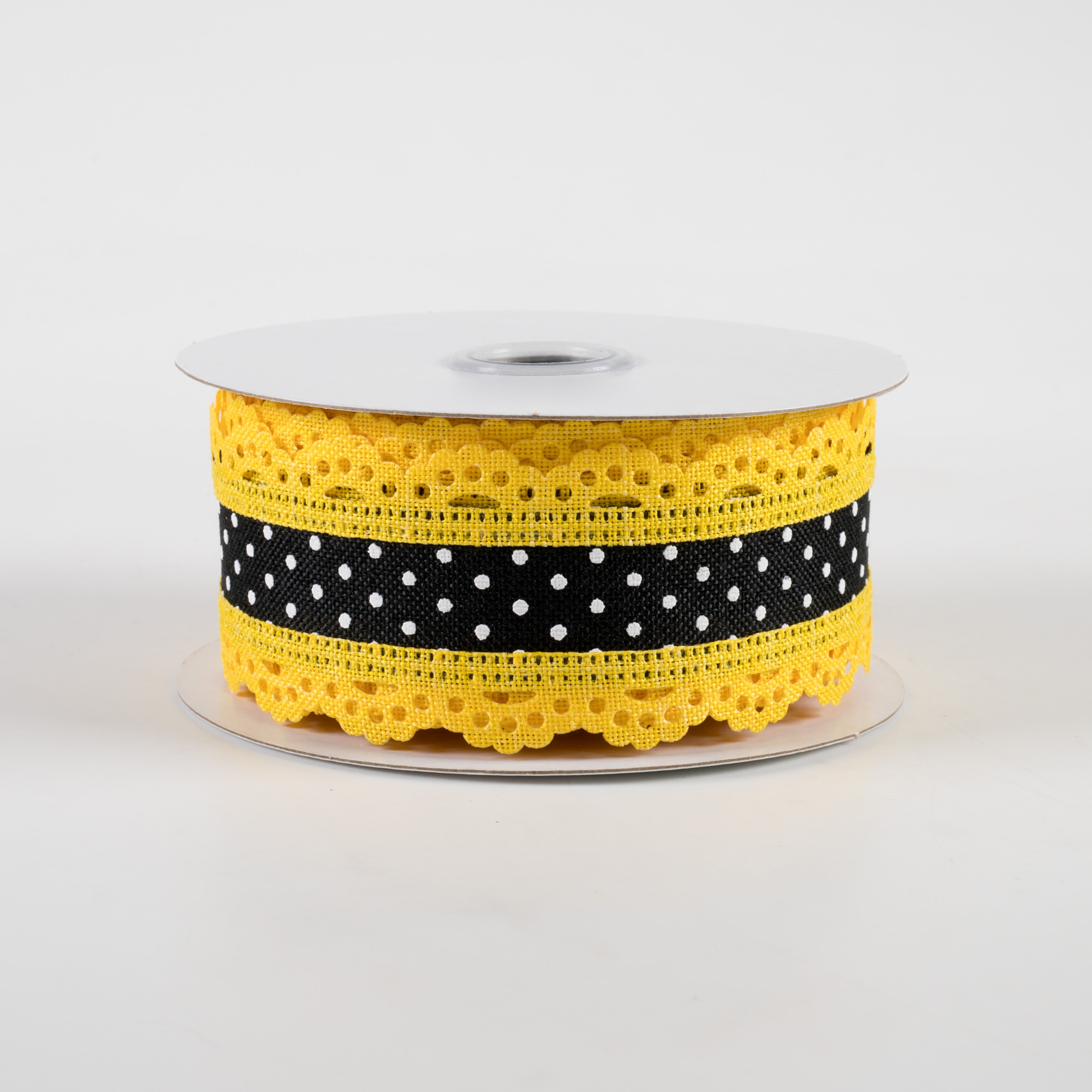 1.5" Swiss Dot Lace Edge Ribbon: Black & Yellow (10 Yards)