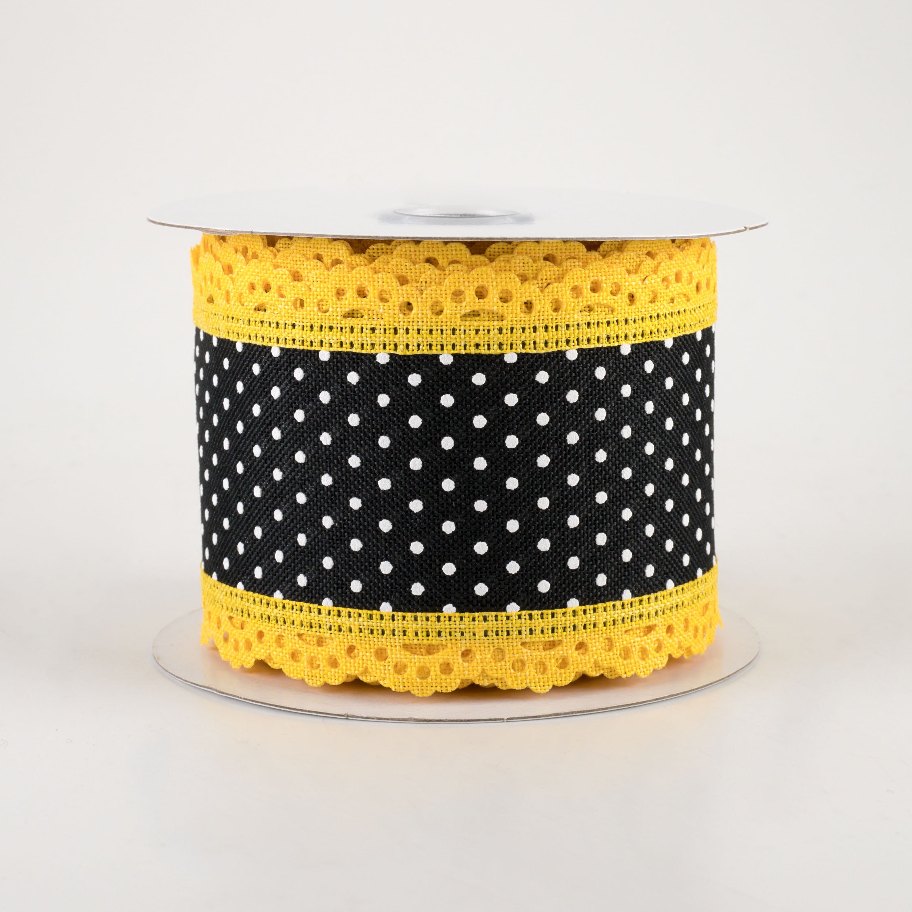2.5" Swiss Dot Lace Edge Ribbon: Black & Yellow (10 Yards)