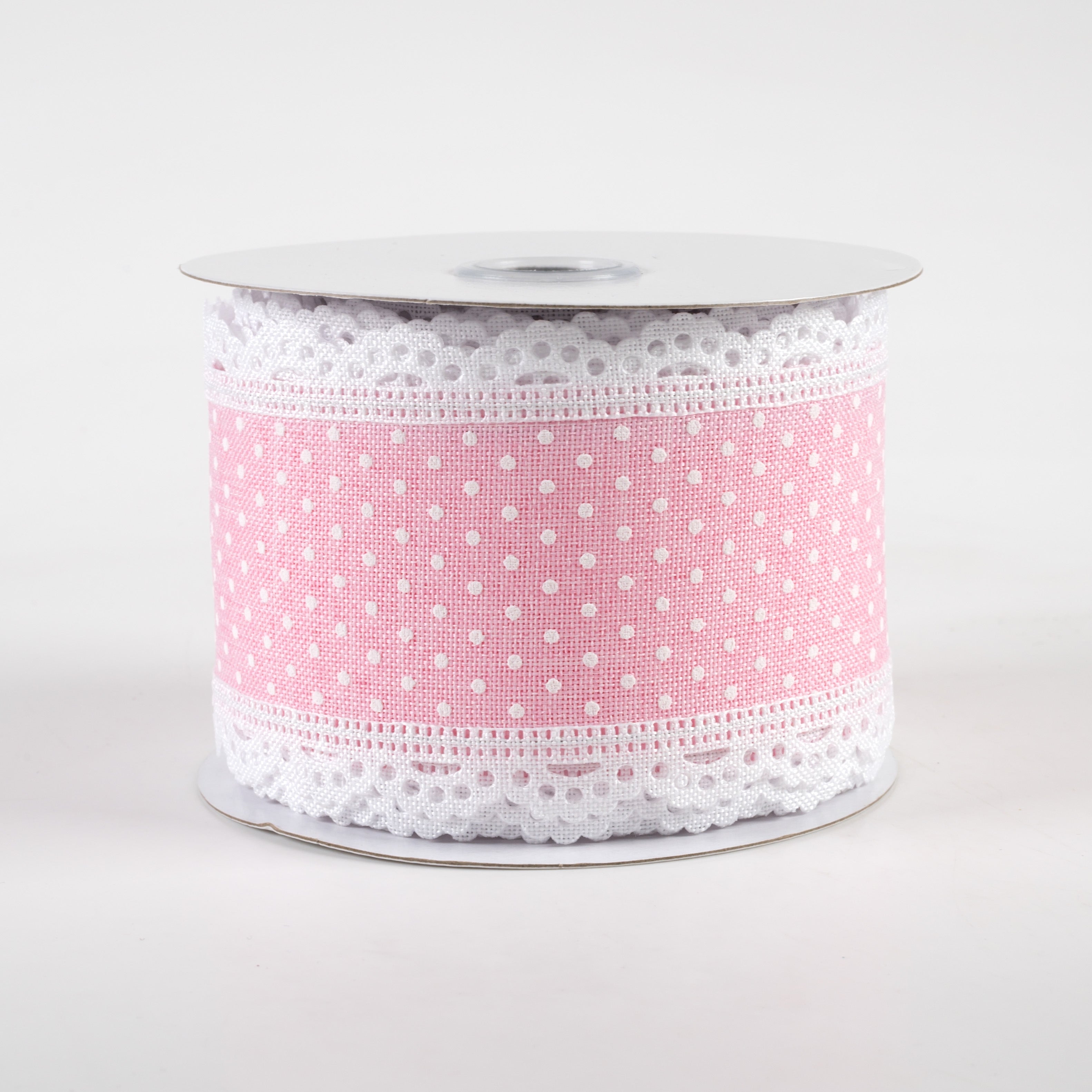 2.5" Swiss Dot Lace Edge Ribbon: Light Pink & White (10 Yards)