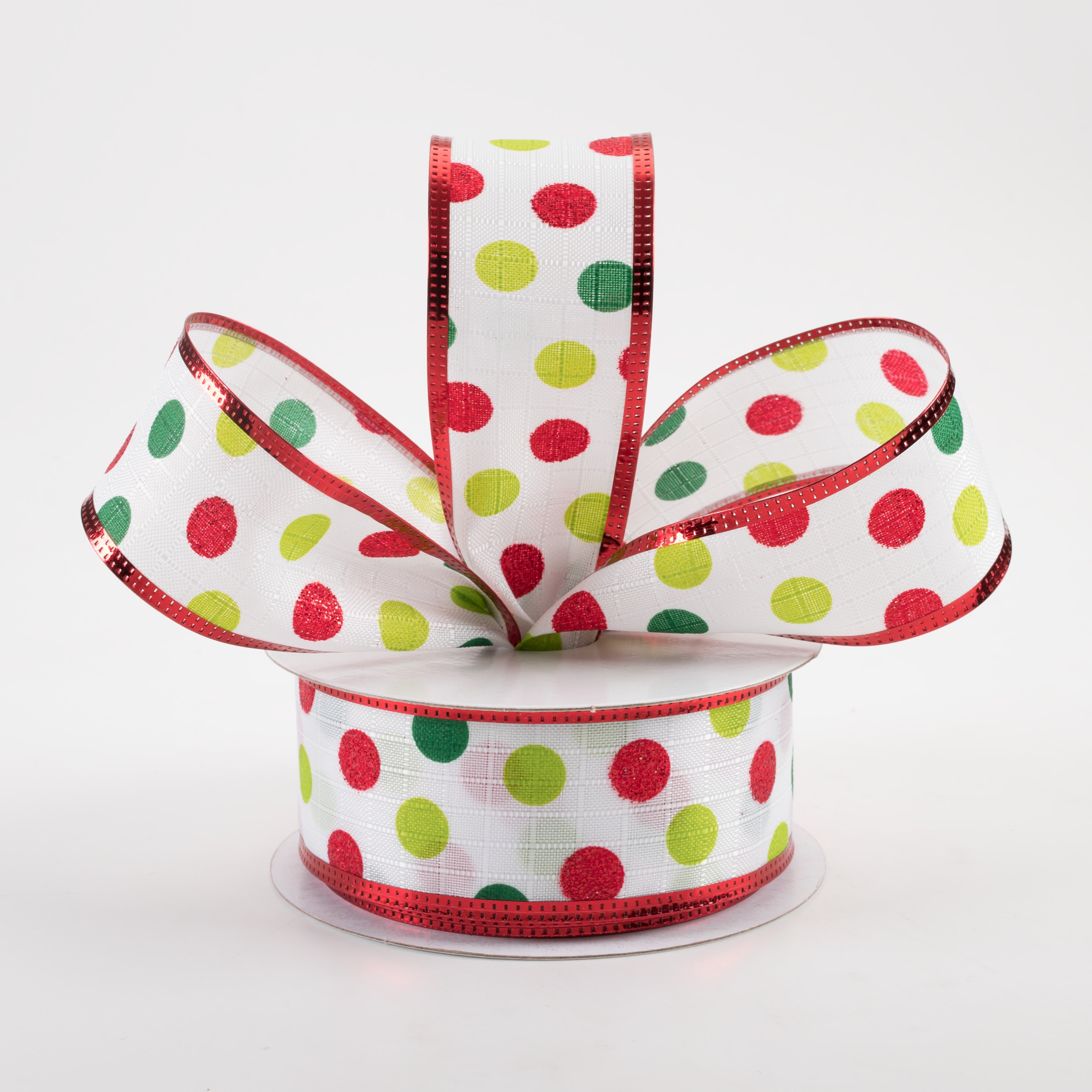 1.5" Textured Linen Glitter Dots Metallic Edge Ribbon: Green & Red (10 Yards) Lifestyle Photo