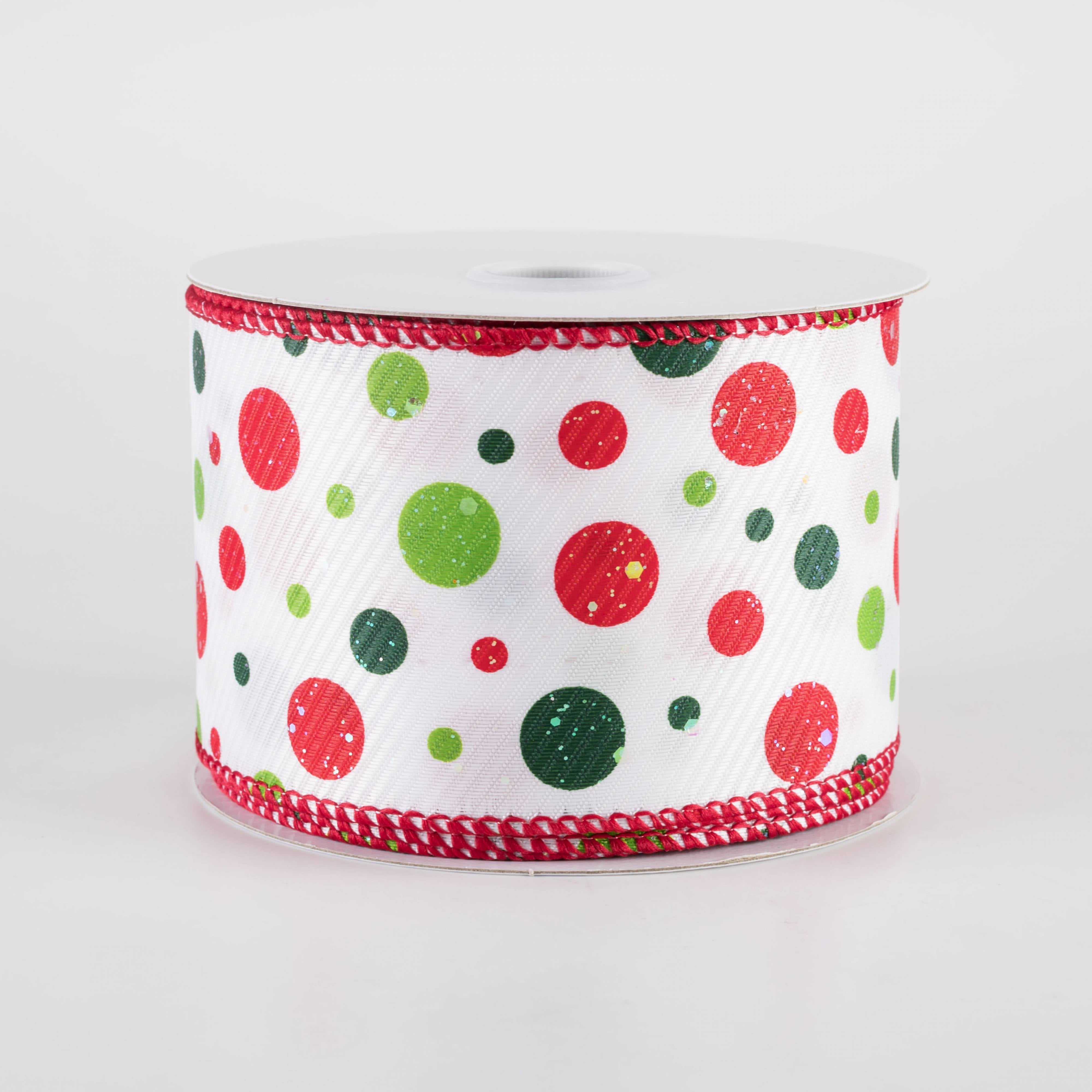 2.5" Thick Textured Satin Iridescent Glitter Dots Ribbon: Red & Green on White (10 Yards) Item Number: 71428-40-09