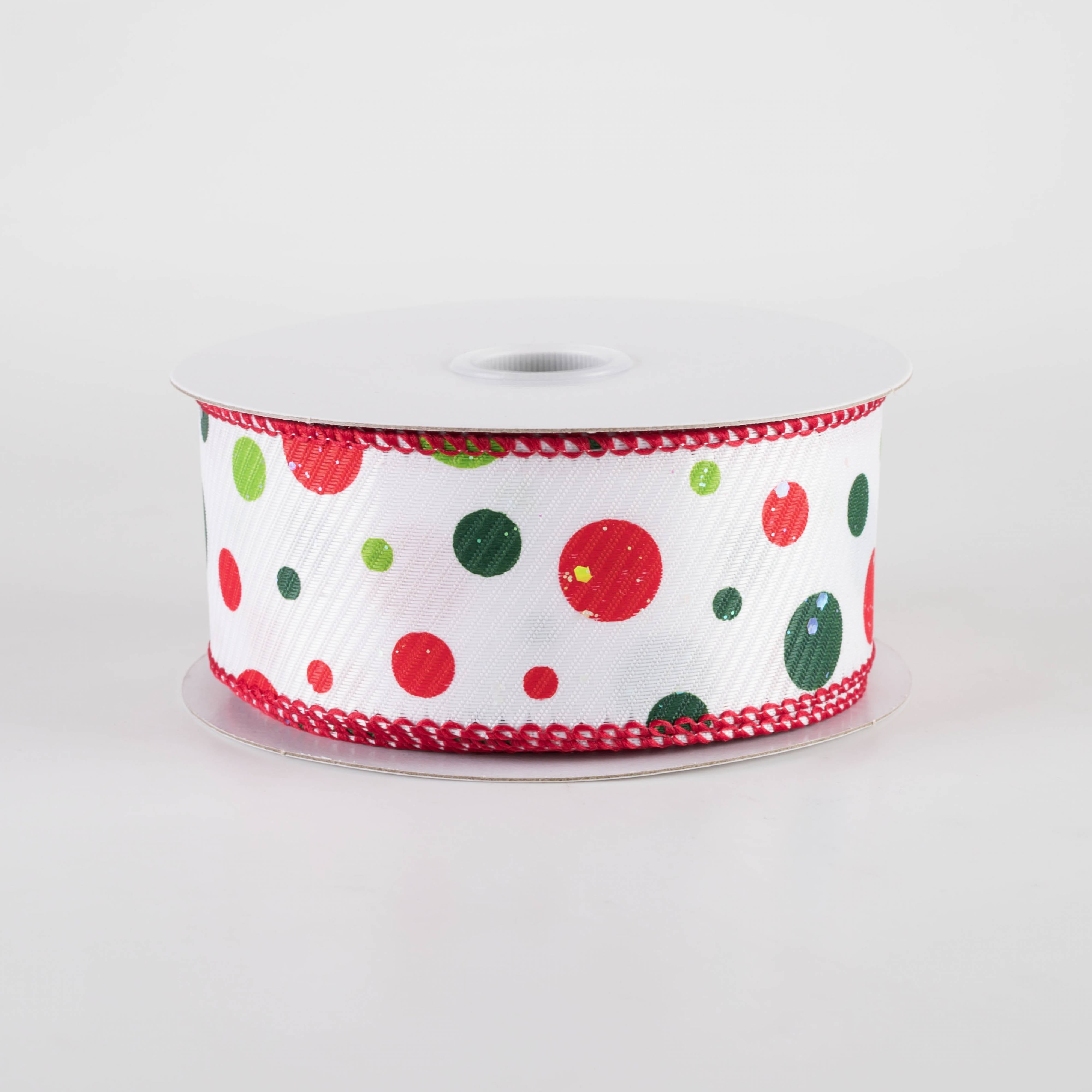 1.5" Thick Textured Satin Iridescent Glitter Dots Ribbon: Red & Green on White (10 Yards) Item Number: 71428-09-09