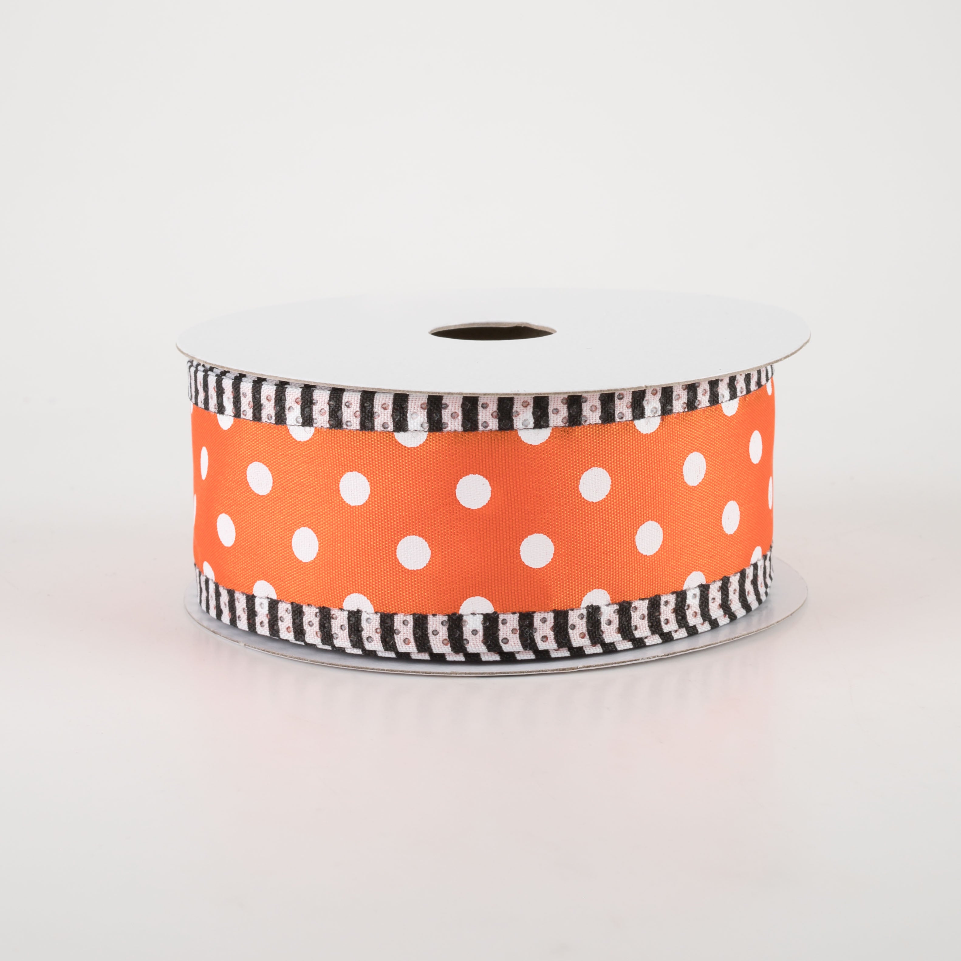 1.5" Thin Stripe Edge Polka Dot Ribbon: Orange & White (10 Yards)