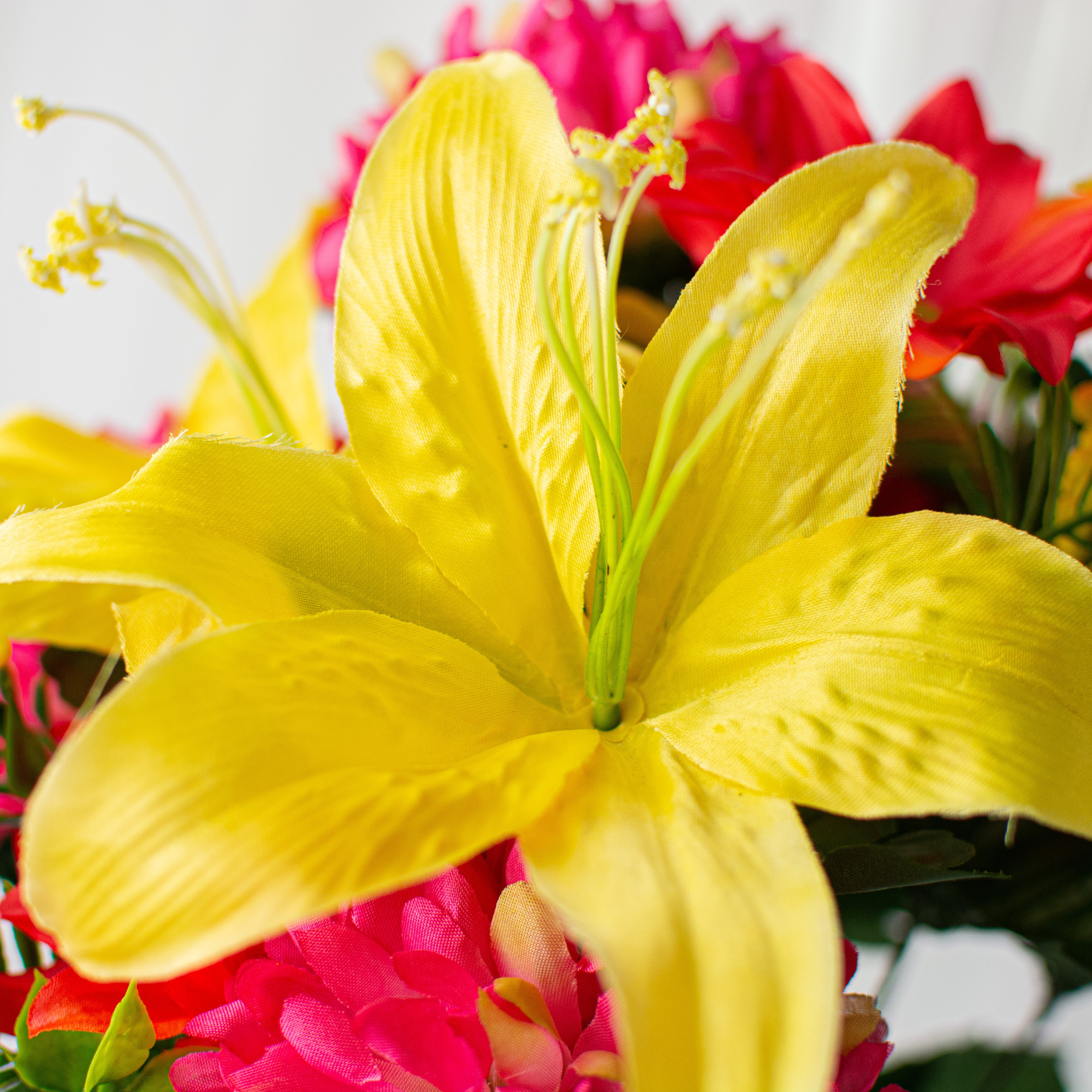 21" Tiger Lily & Mum Bush: Fuchsia, Yellow, Coral Lifestyle Photo