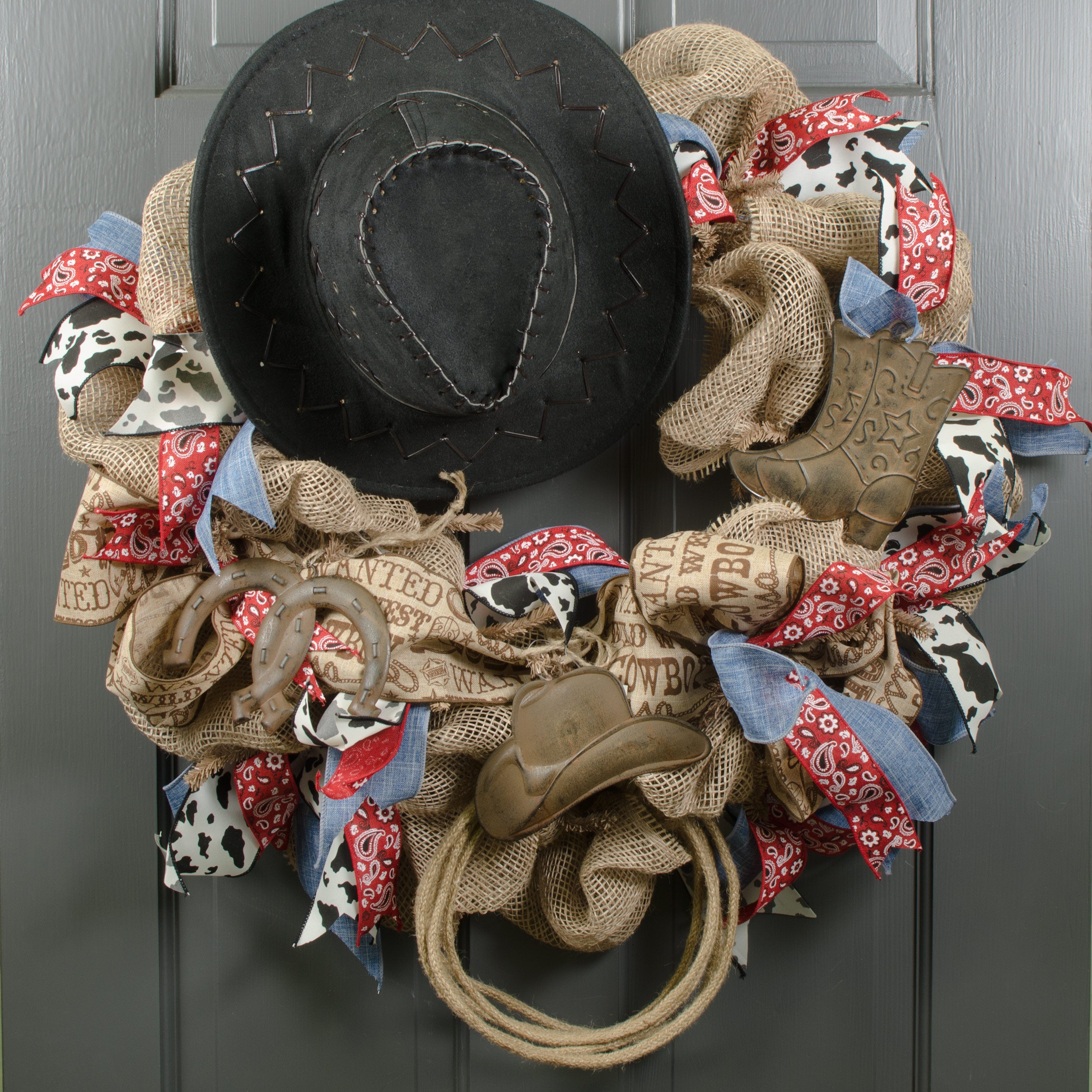 Tin Antique Rust Western Ornaments: Hat, Boot & Horseshoe (3) Lifestyle Photo