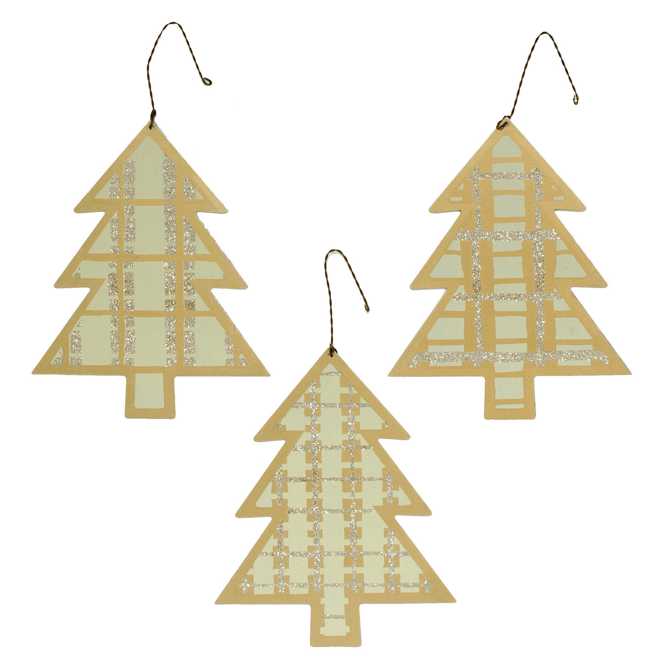 7" Tin Plaid Holiday Tree Ornaments: Gold & White (Set of 3) Item Number: 28745