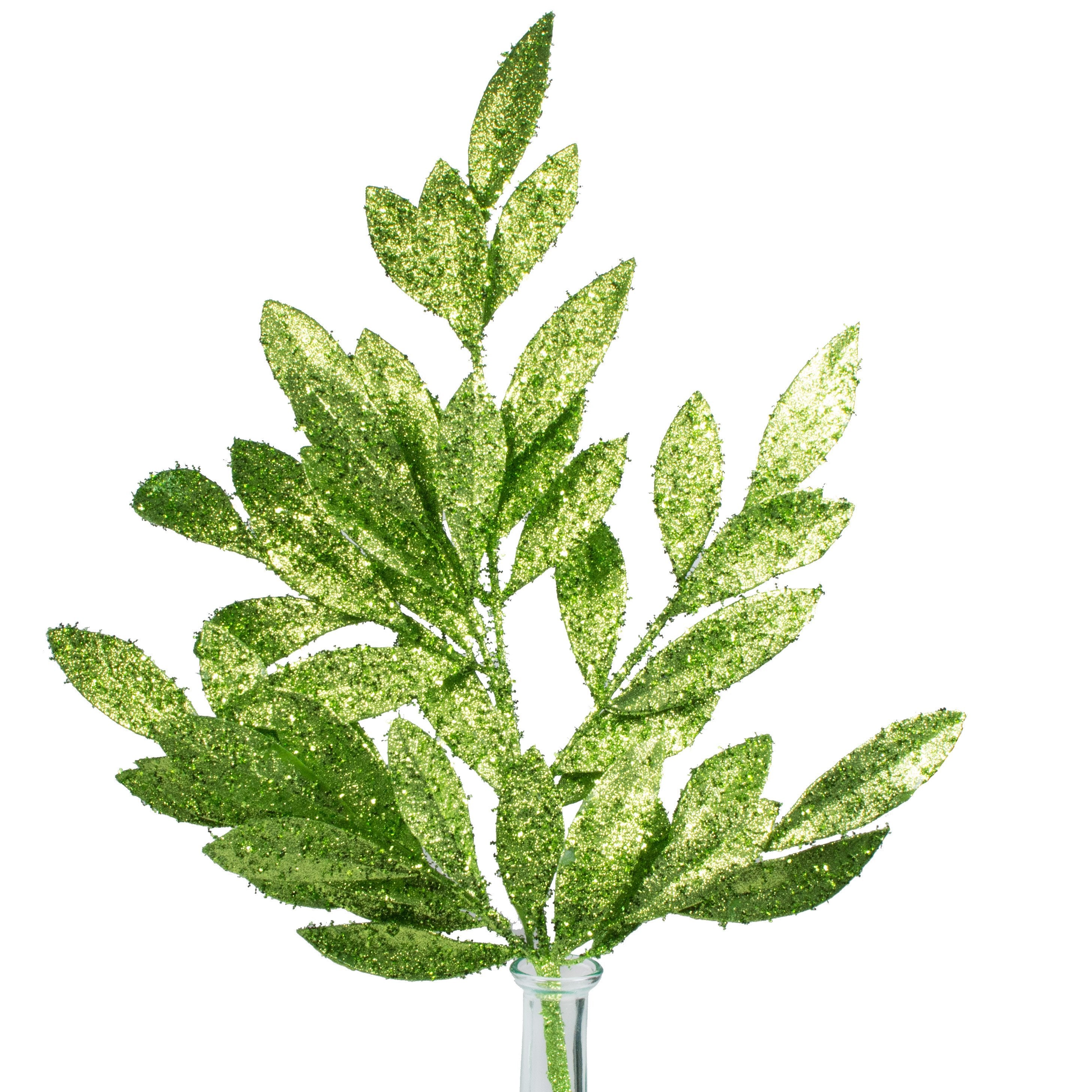 23" Tinsel Glitter Bay Leaf Spray: Lime Green Item Number: XS618206