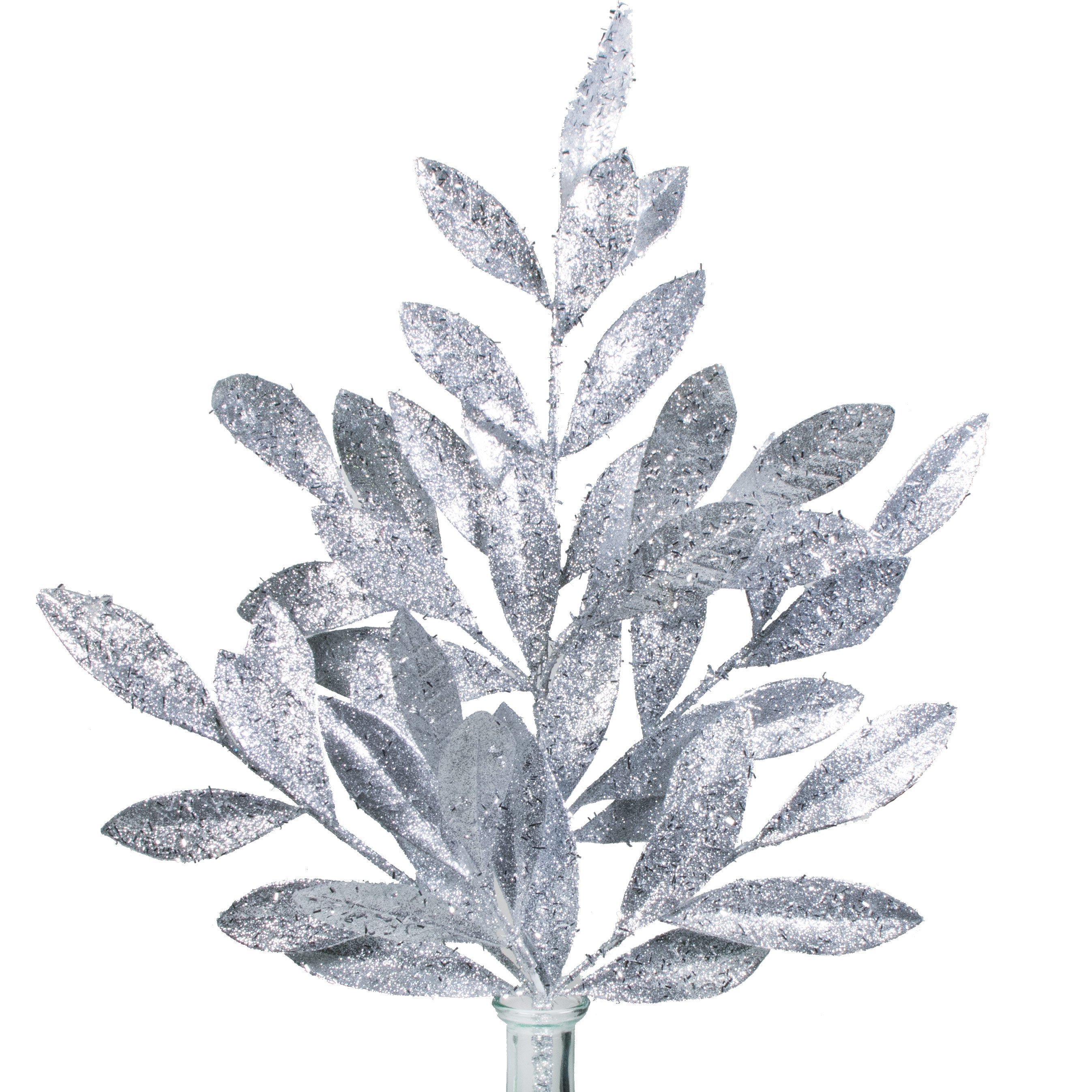 23" Tinsel Glitter Bay Leaf Spray: Silver Item Number: XX088526