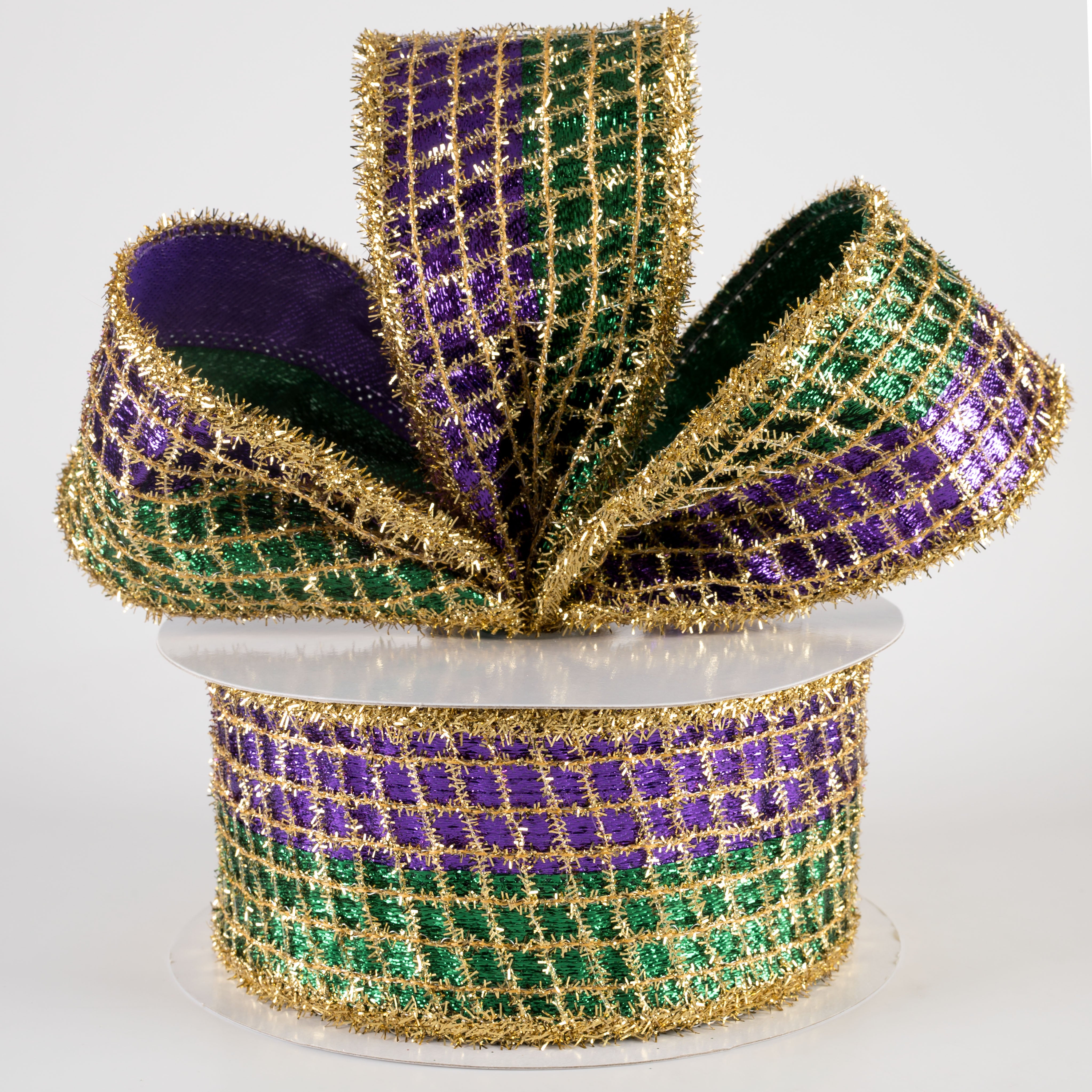 2.5" Tinsel Mesh on Metallic Ribbon: Purple, Green, Gold (10 Yards) Lifestyle Photo